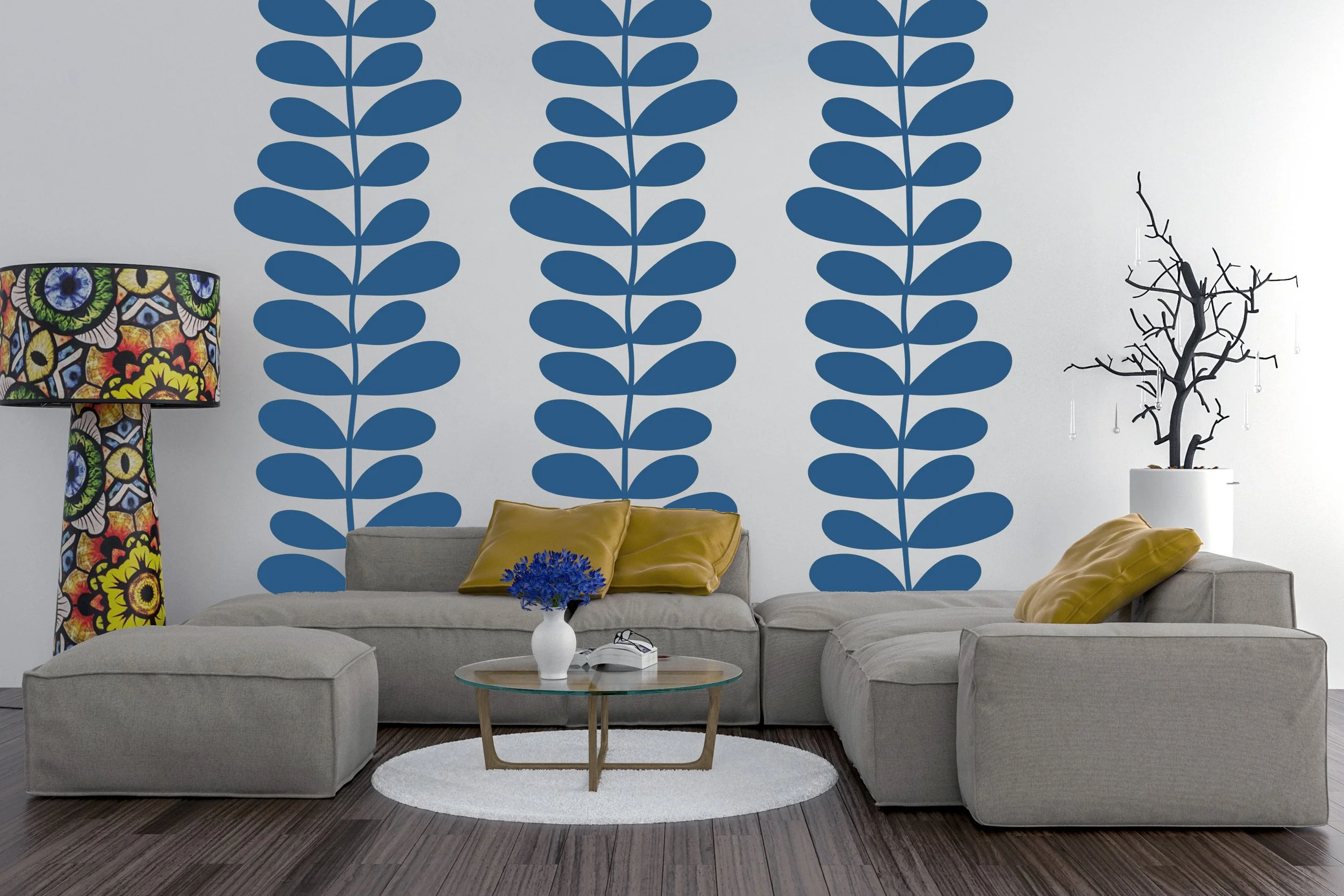 Retro floral wall decals in blue on a white wall in a contemporary and stylish living room.