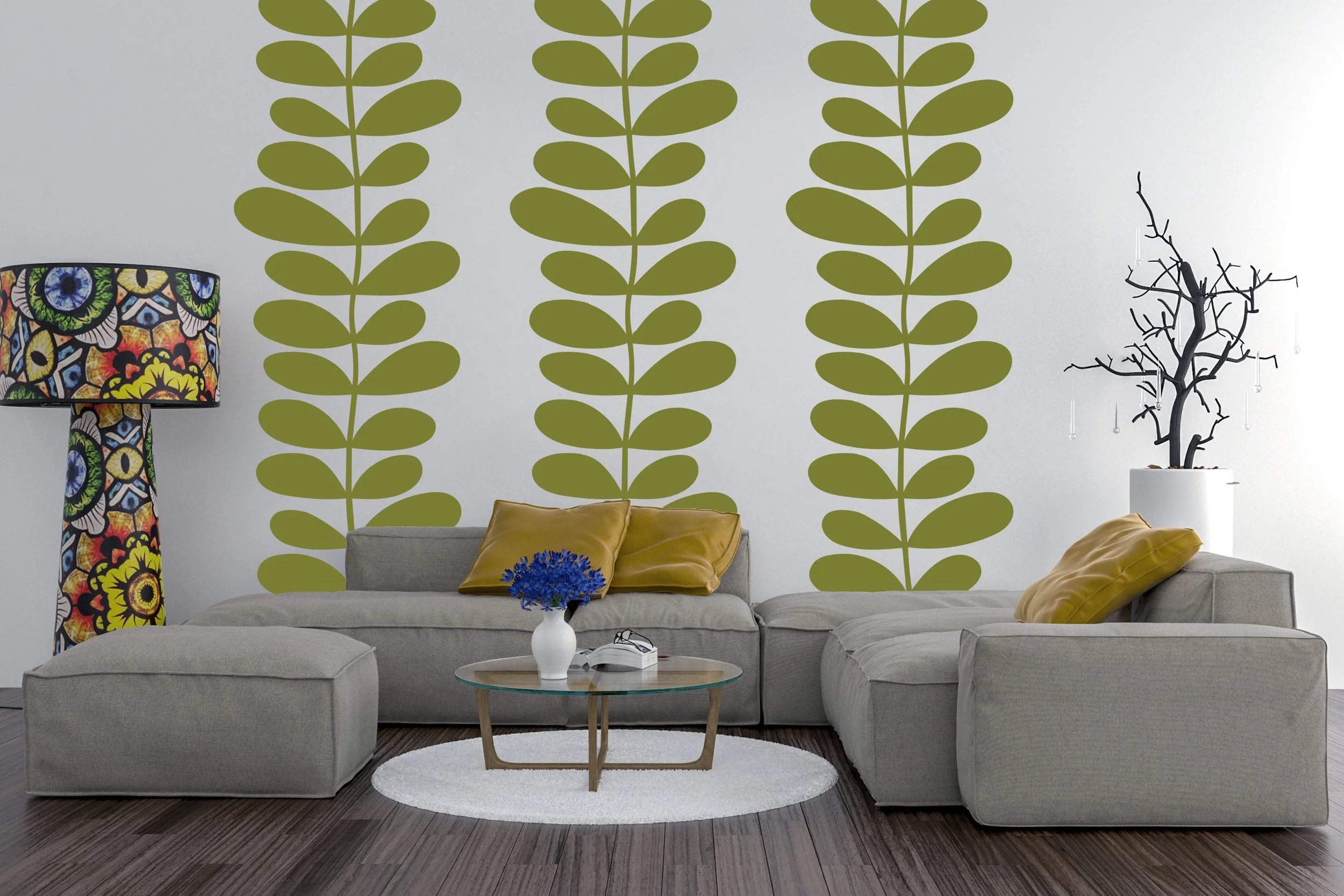 Retro floral wall decals in olive on a white wall in a contemporary and stylish living room.