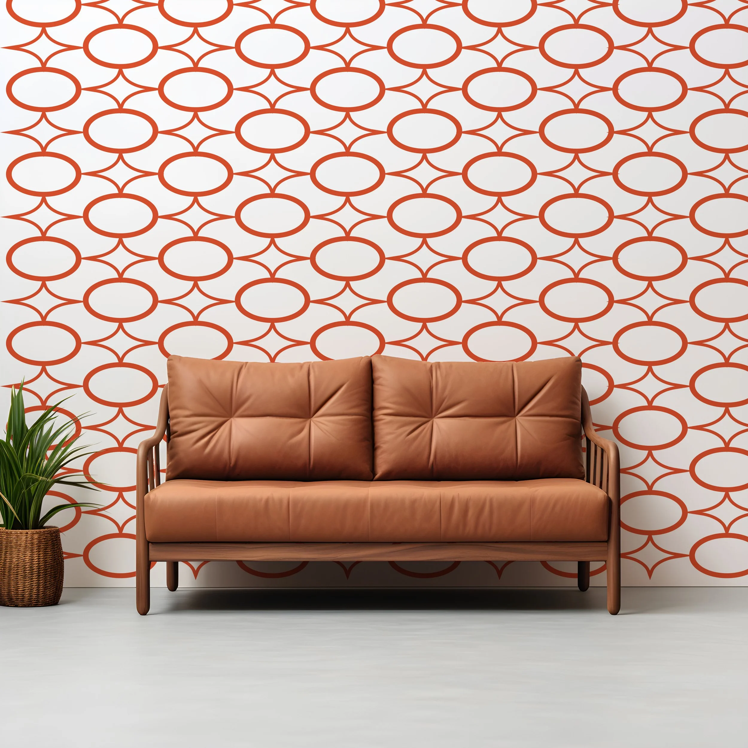 Retro geometric wall pattern decals consisting of ovals and atomic stars shown in orange on a white wall behind a nut brown couch and a tropical grass plant potted in a wicker basket.