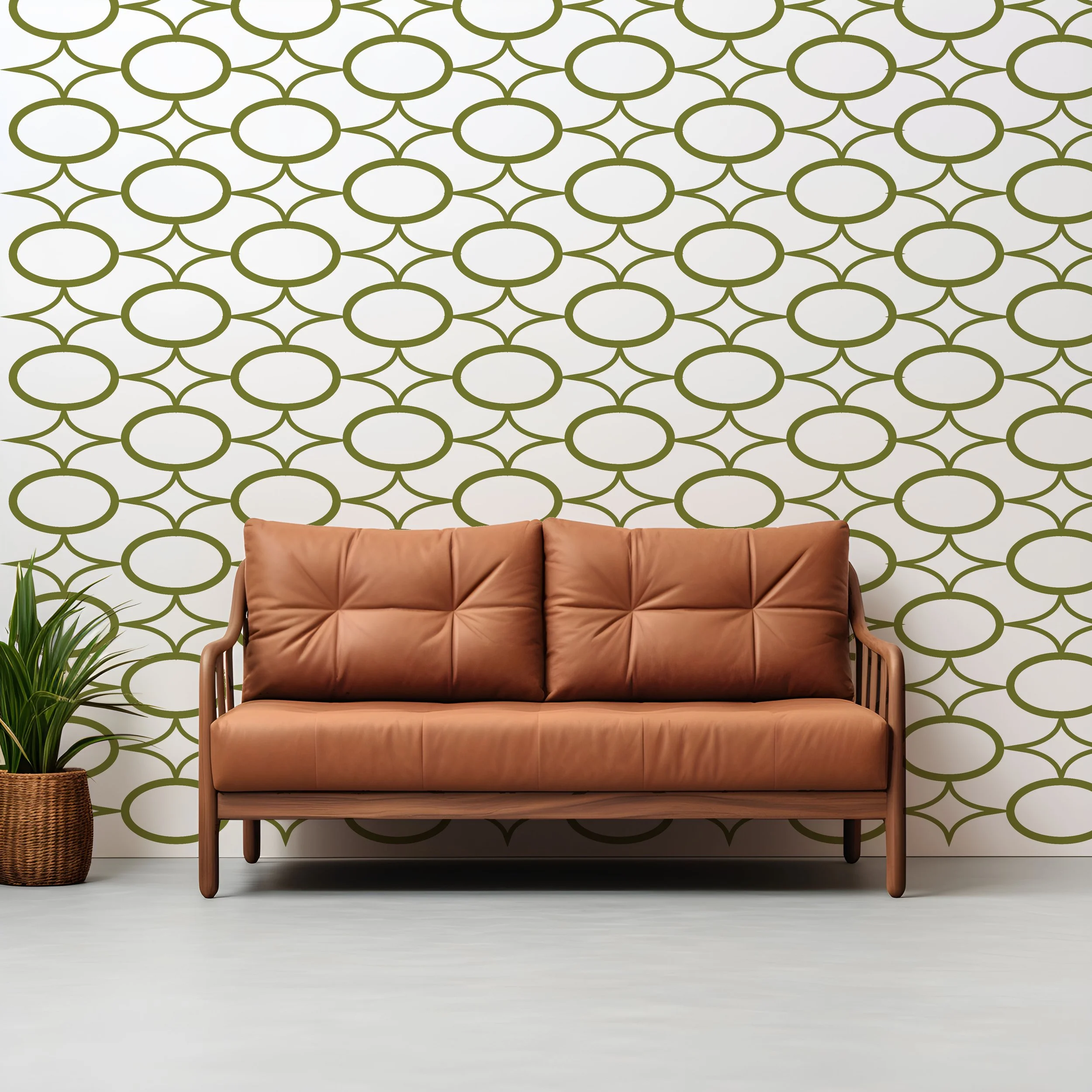 Retro geometric wall pattern decals consisting of ovals and atomic stars shown in olive green on a white wall behind a nut brown couch and a tropical grass plant potted in a wicker basket.