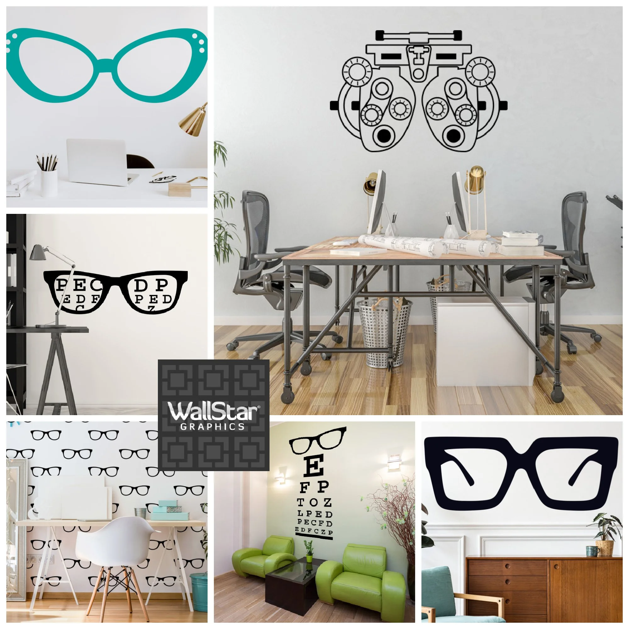 A collage of optometry inspired wall decals consisting of eye glasses, eye charts, and phoropters.
