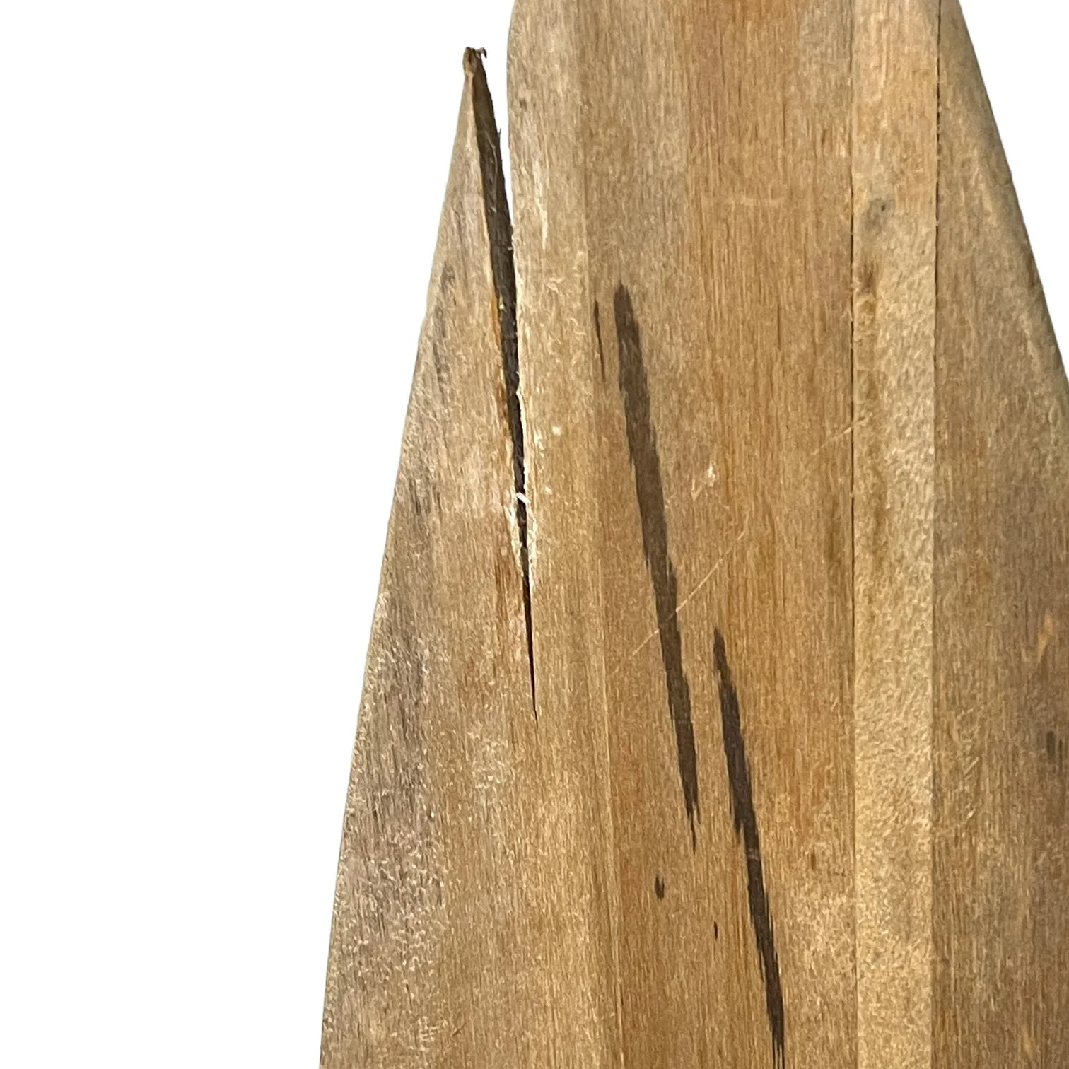 Set of 3 vintage boat oars in various sizes. Two oars are natural weathered wood and one has chippy yellow paint. Smoker's Quality Brand and J & B Products Co.
