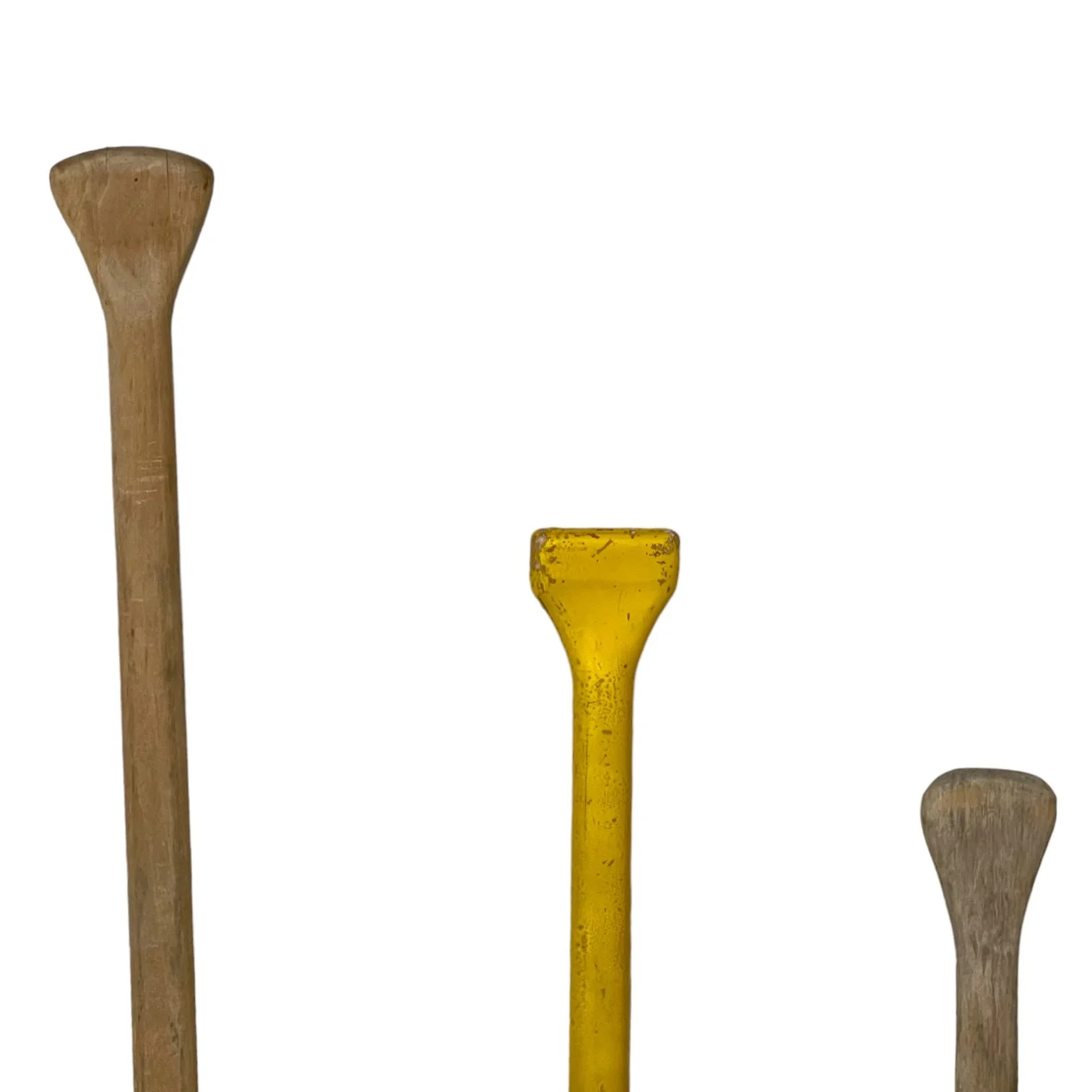 Set of 3 vintage boat oars in various sizes. Two oars are natural weathered wood and one has chippy yellow paint. Smoker's Quality Brand and J & B Products Co.