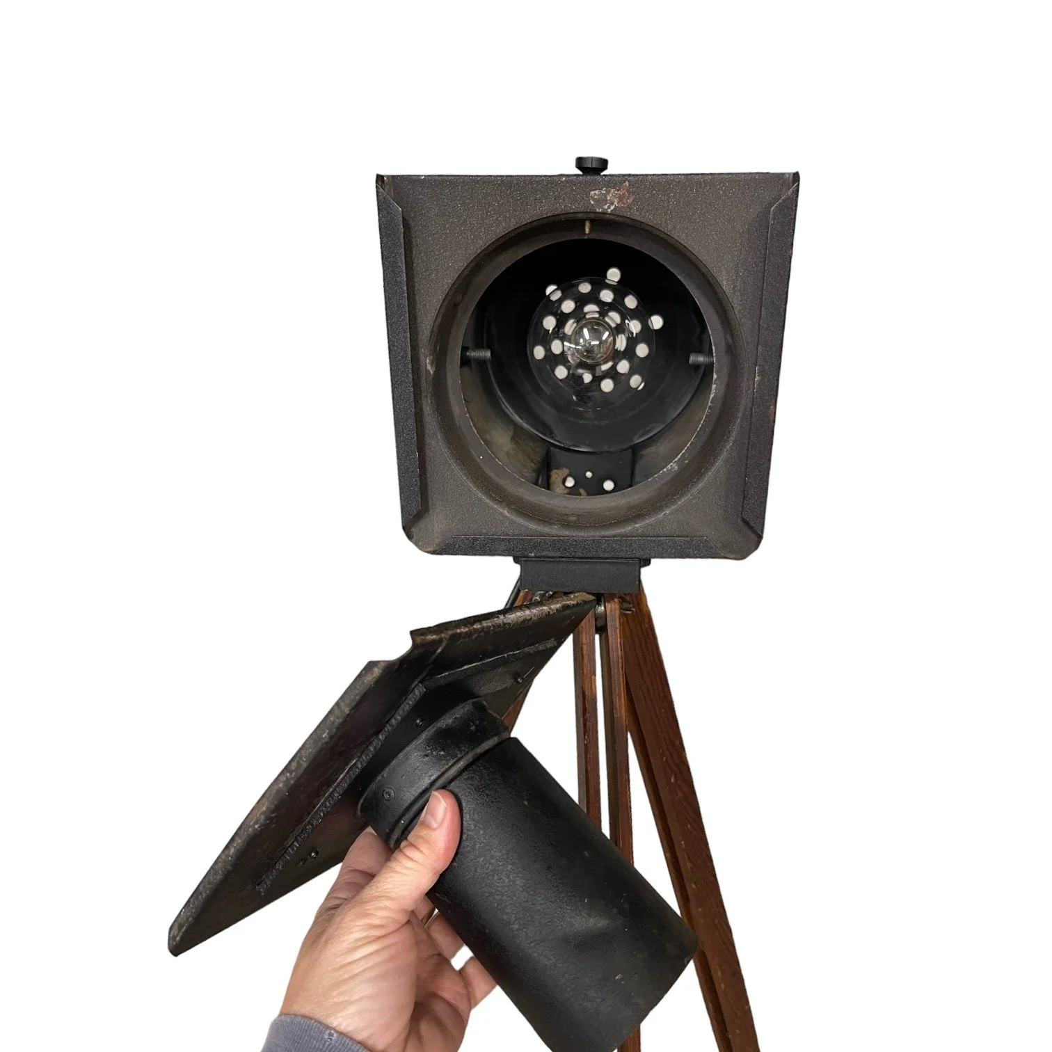 Upcycled vintage stage and theater spotlight floor lamp with non adjustable vintage wooden tripod with original Kopp glass lens.