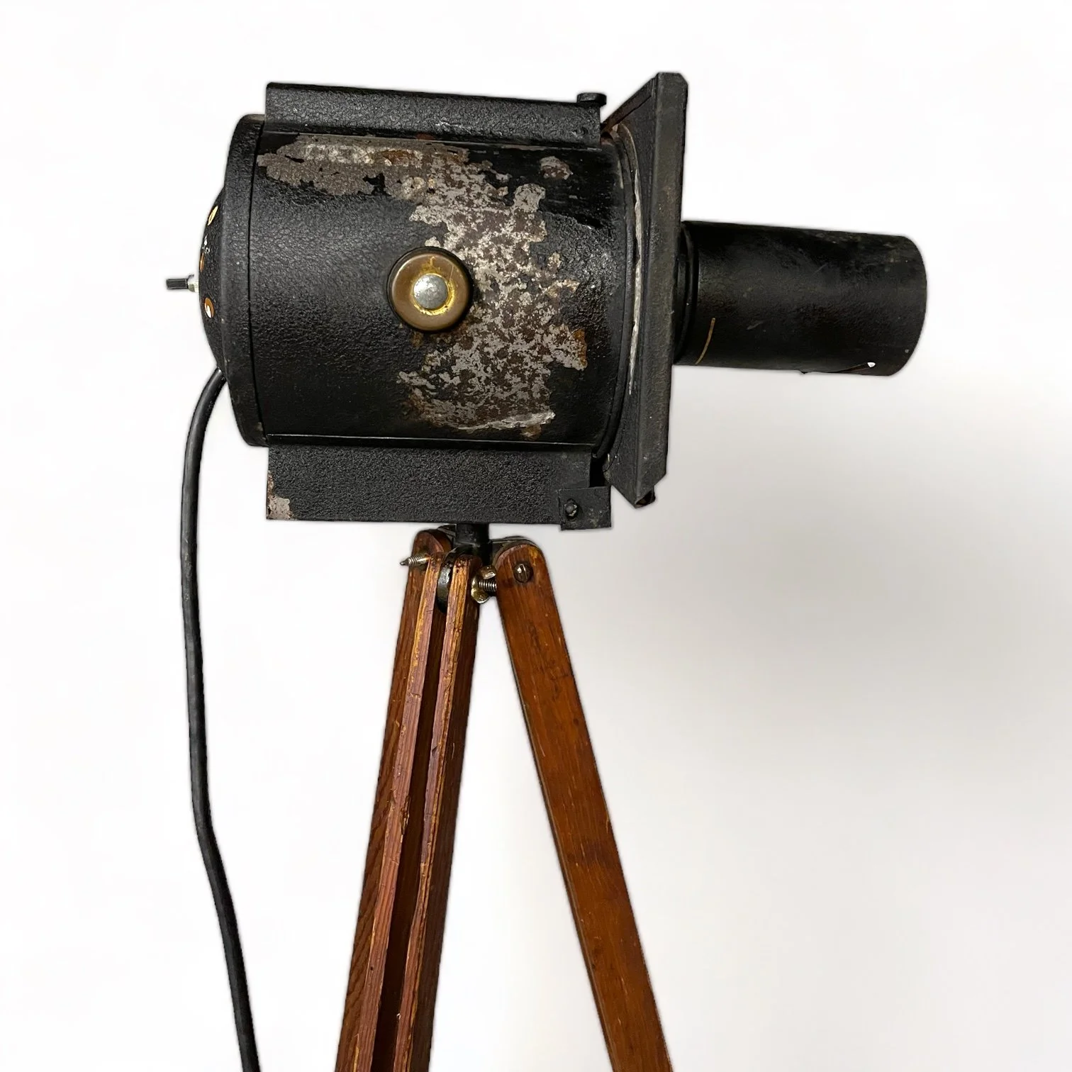 Upcycled vintage stage and theater spotlight floor lamp with non adjustable vintage wooden tripod with original Kopp glass lens.