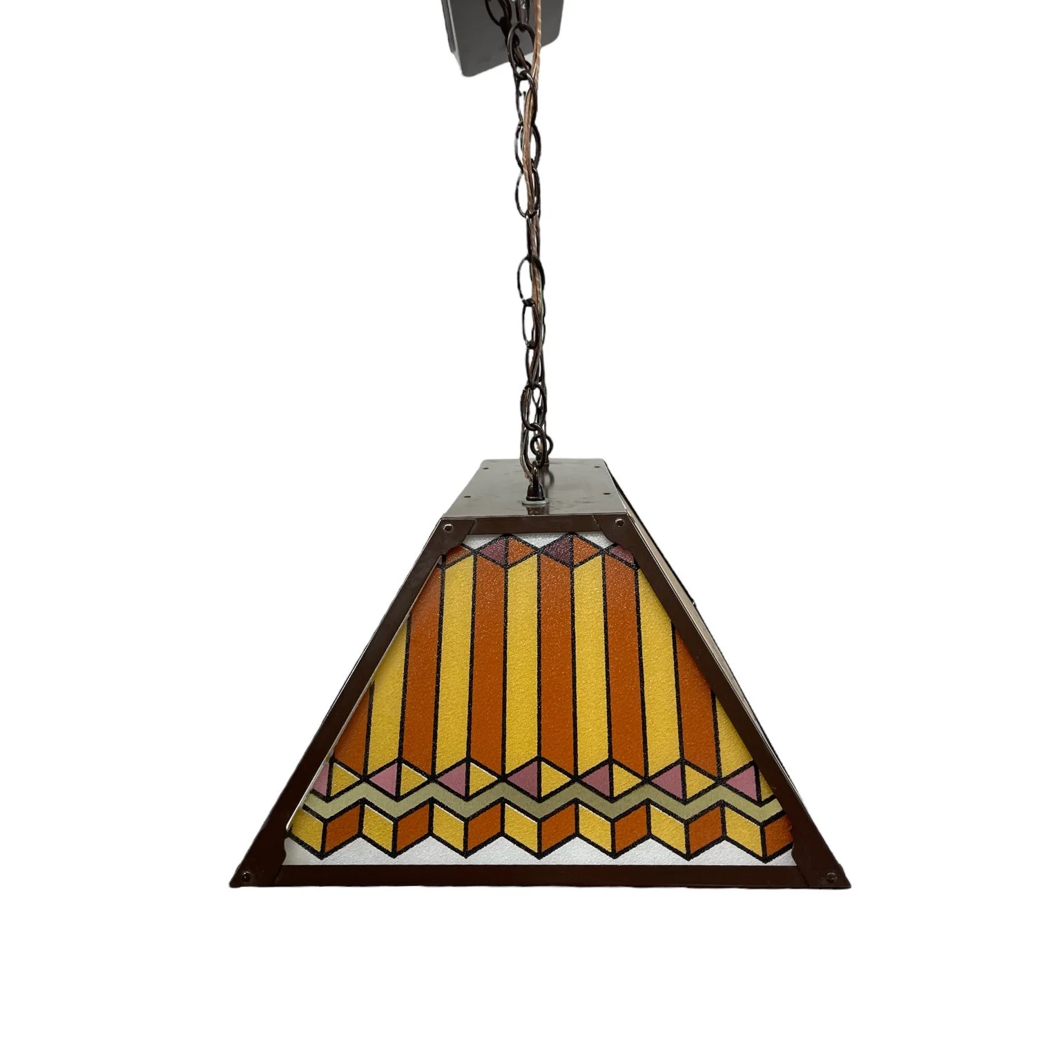 Vintage game room hanging pool table light from the 1970s by Progress Lighting. Colorful, geometric art deco pattern on frosted glass. Made in USA.