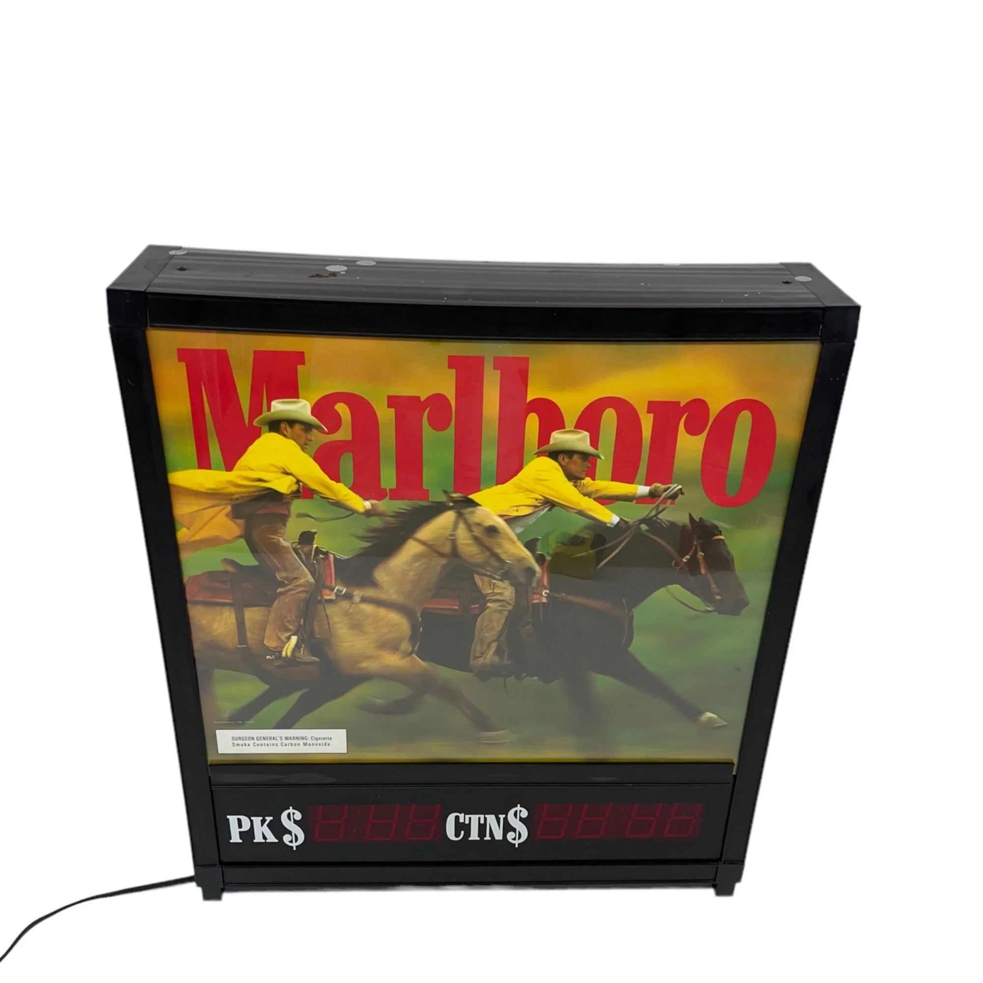 Vintage light up Marlboro sign with cowboy and horse image.