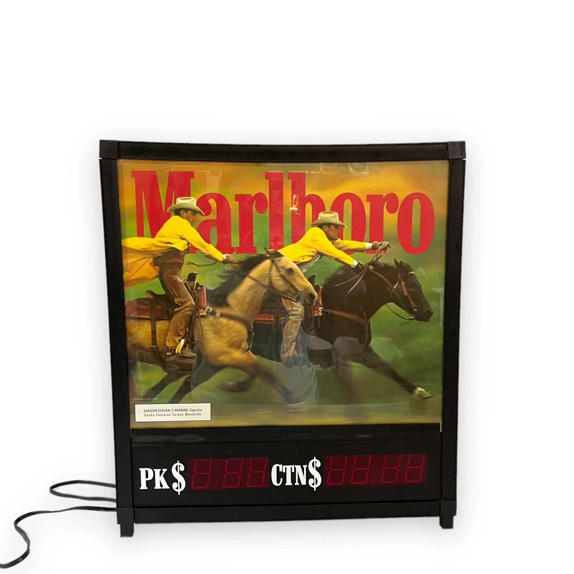 Vintage light up Marlboro sign with cowboy and horse image.