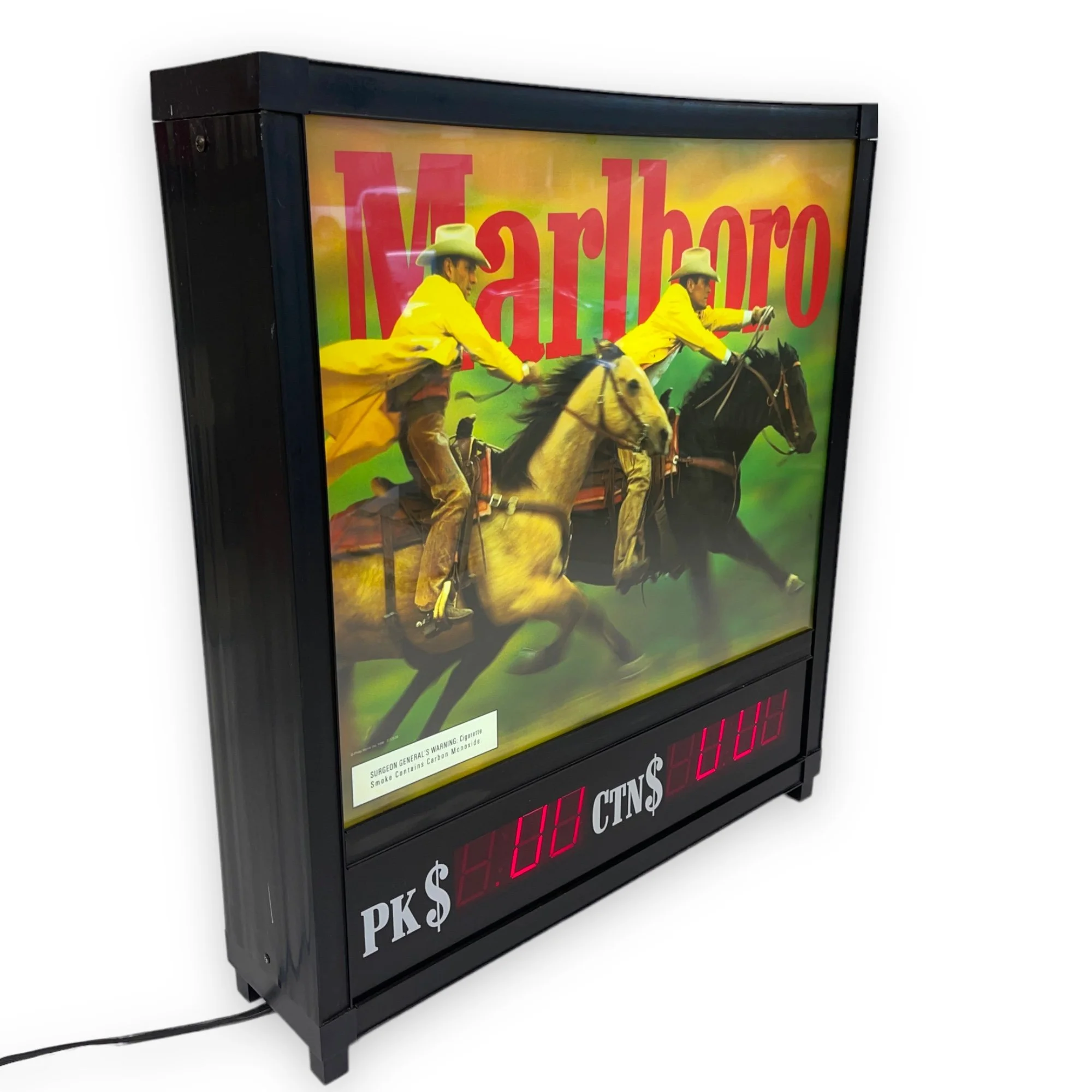 Vintage light up Marlboro sign with cowboy and horse image.