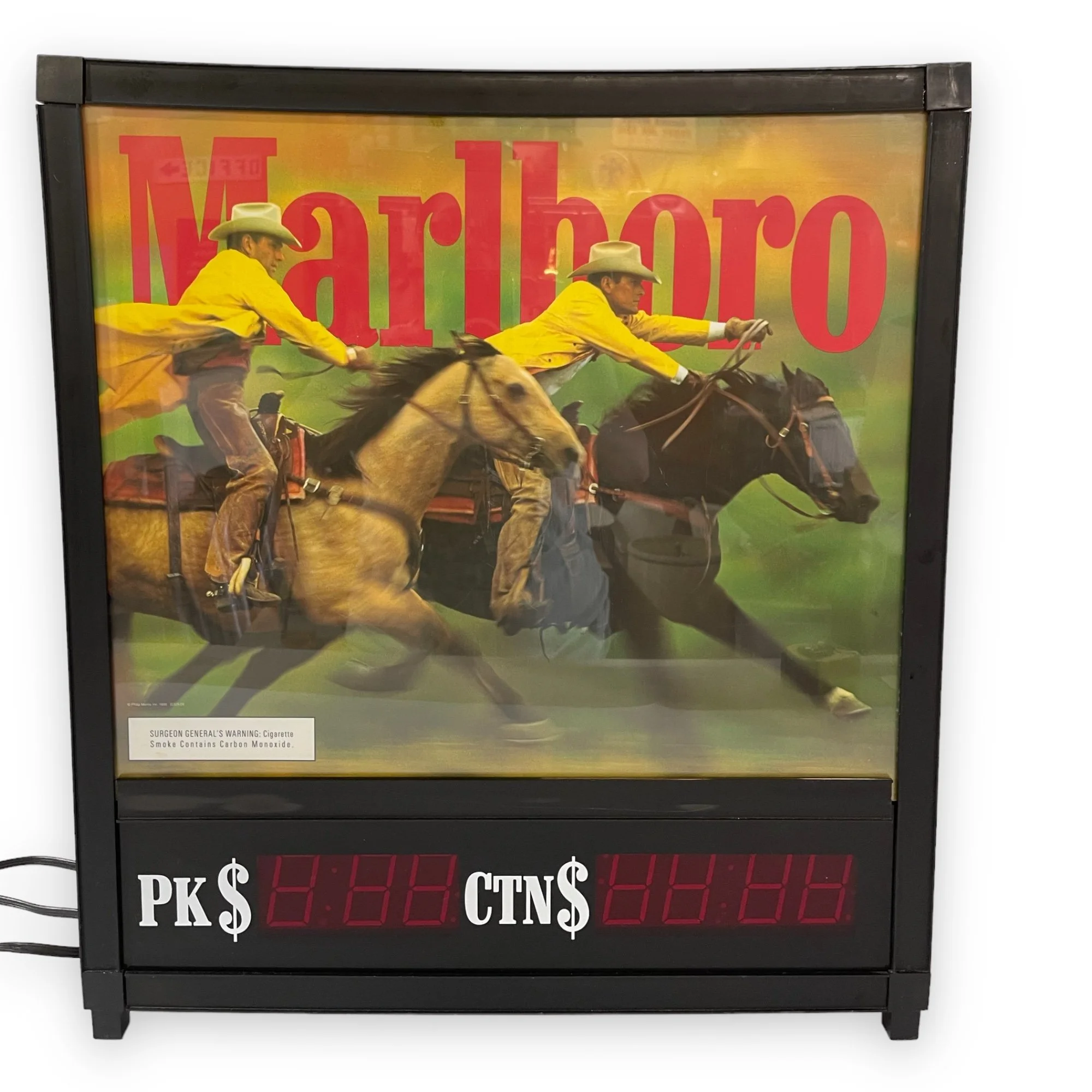 Vintage light up Marlboro sign with cowboy and horse image.