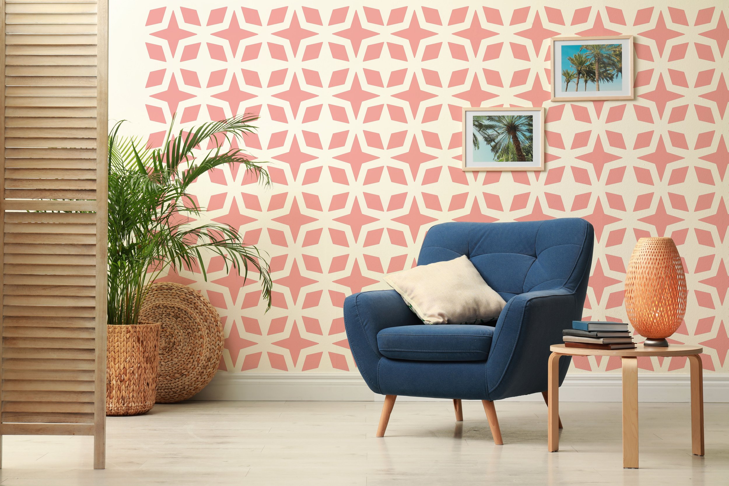 Mid century modern breeze block vinyl wall decals for home decor. Peel and stick, removable stylish geometric pattern, 2 sizes, 24 color options.