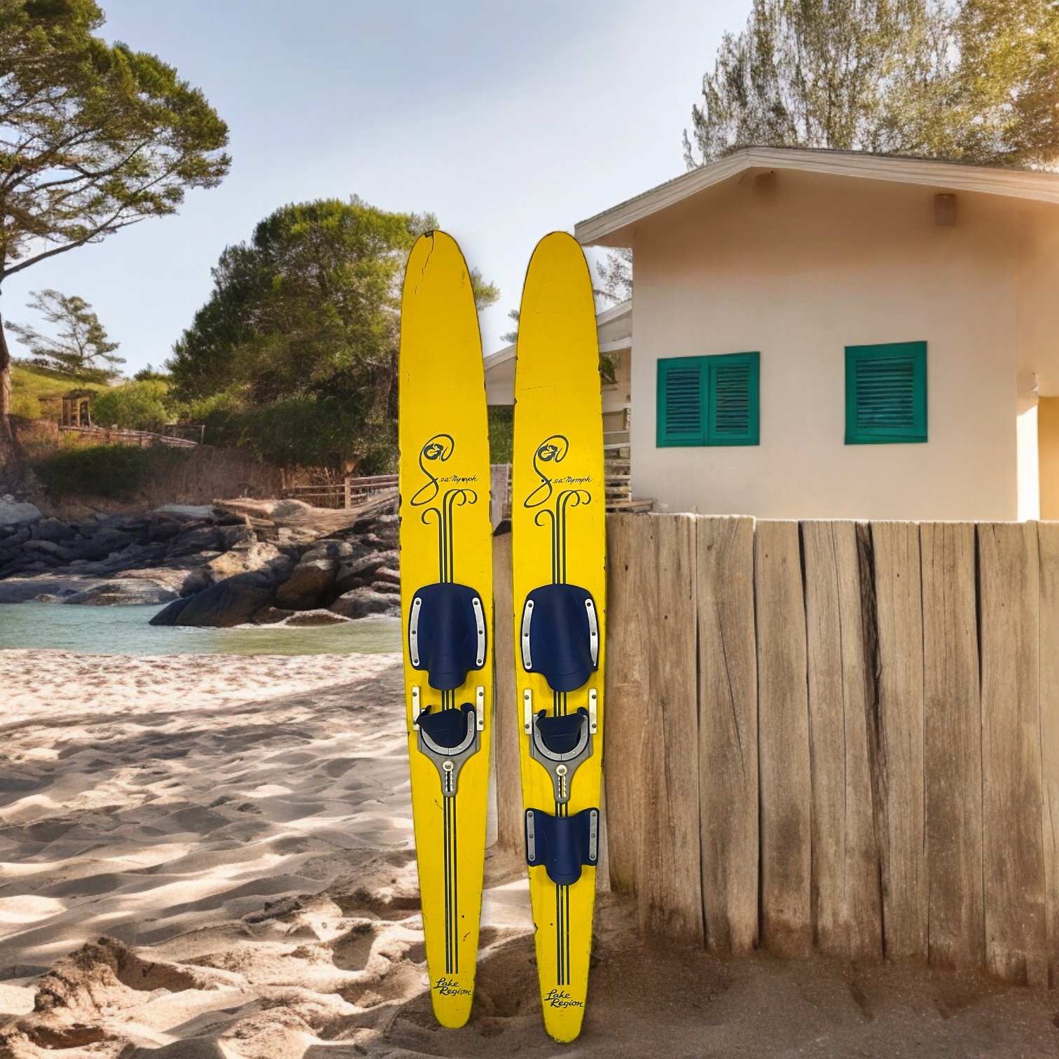 Vintage Sea Nymph by Lake Region yellow and blue wooden water skis.