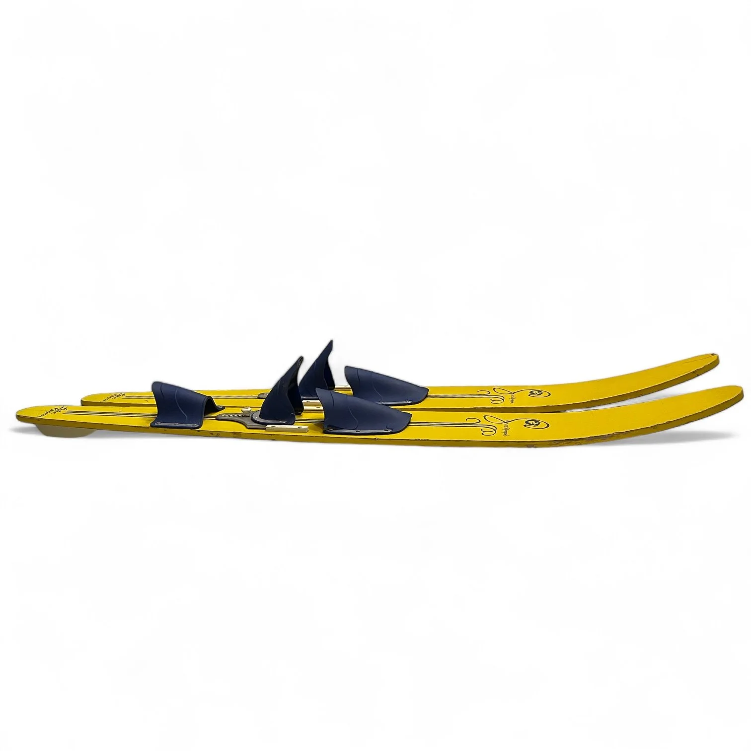 Vintage Sea Nymph by Lake Region yellow and blue wooden water skis.