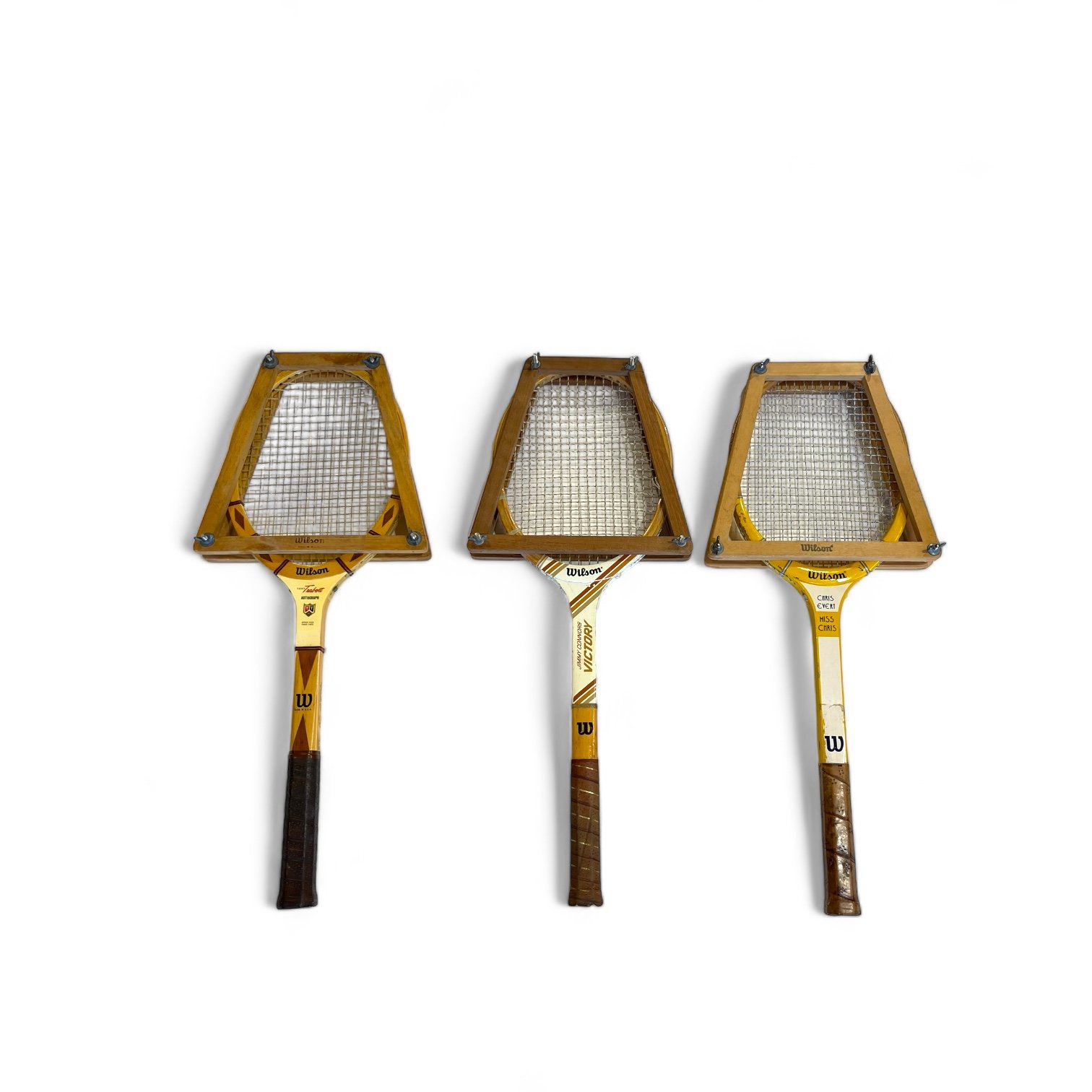 Vintage Wilson set of 3 wooden tennis rackets with wood press and plaid cover. Jimmy Connors, Chris Evert, Tony Trabert.