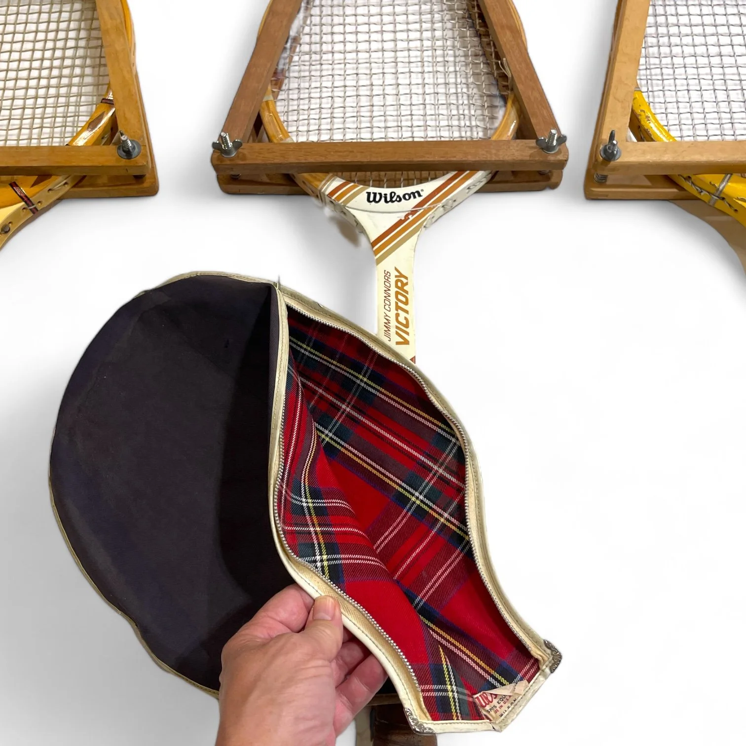 Vintage Wilson set of 3 wooden tennis rackets with wood press and plaid cover. Jimmy Connors, Chris Evert, Tony Trabert.