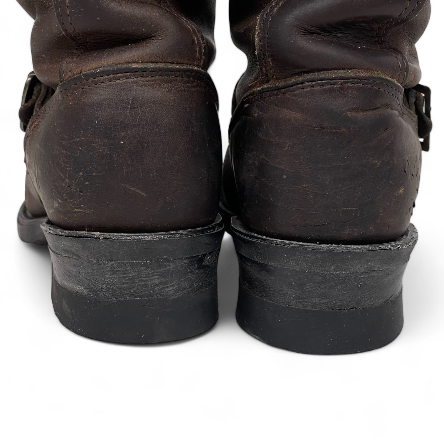 Vintage Frye women's leather boots, side buckle, mid calf shaft, stacked heel, size 6.5 M, made in USA.