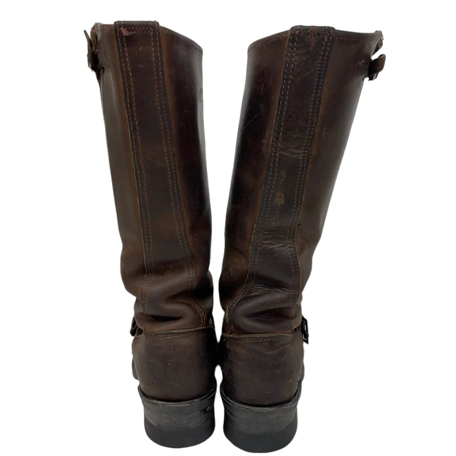 Vintage Frye women's leather boots, side buckle, mid calf shaft, stacked heel, size 6.5 M, made in USA.