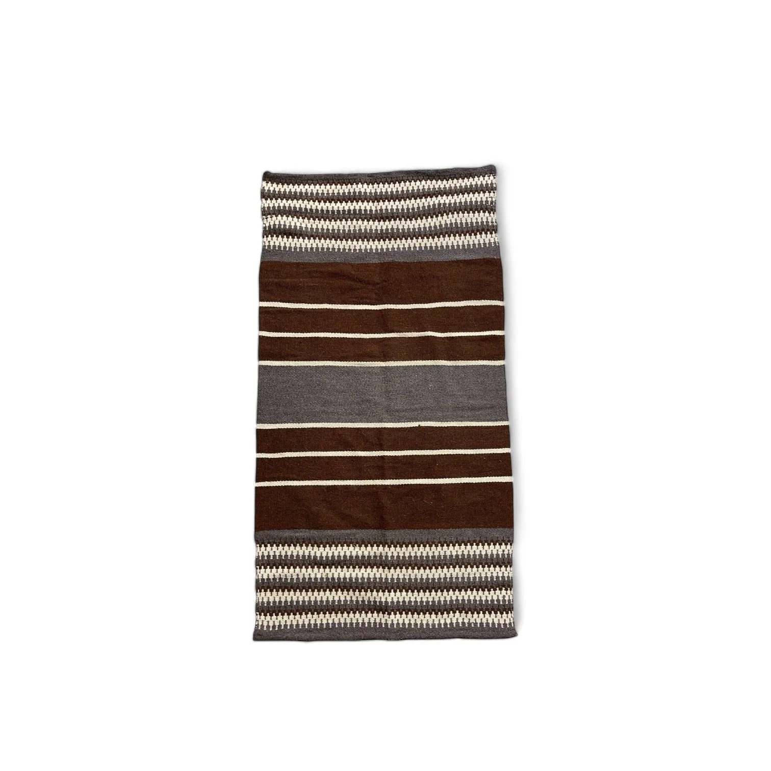 Vintage handmade wool textile throw in dark brown and grey geometric pattern 46x24.
