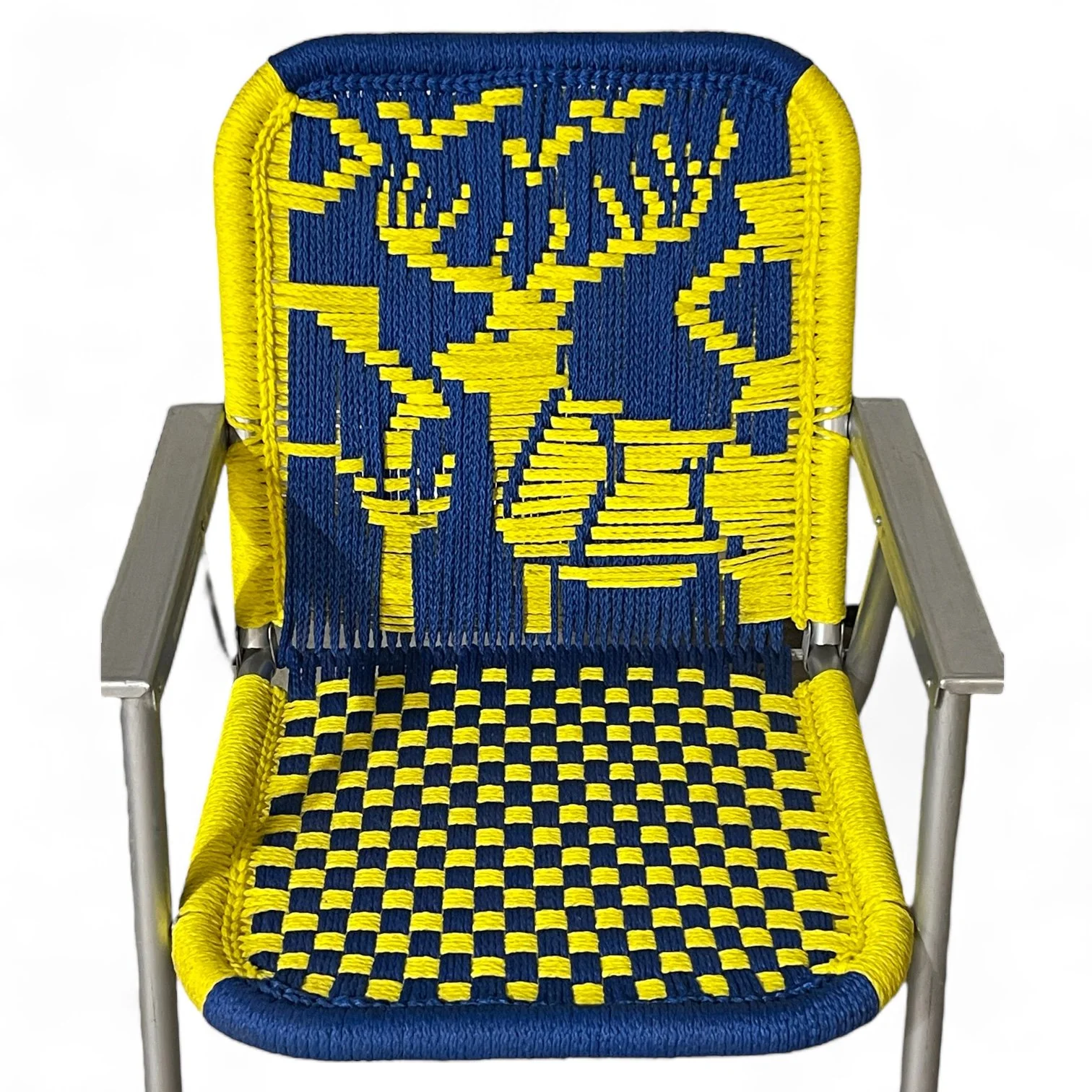 Vintage retro aluminum lawn chairs set of 2 with macrame seat and backrest in a bright yellow and blue deer pattern.