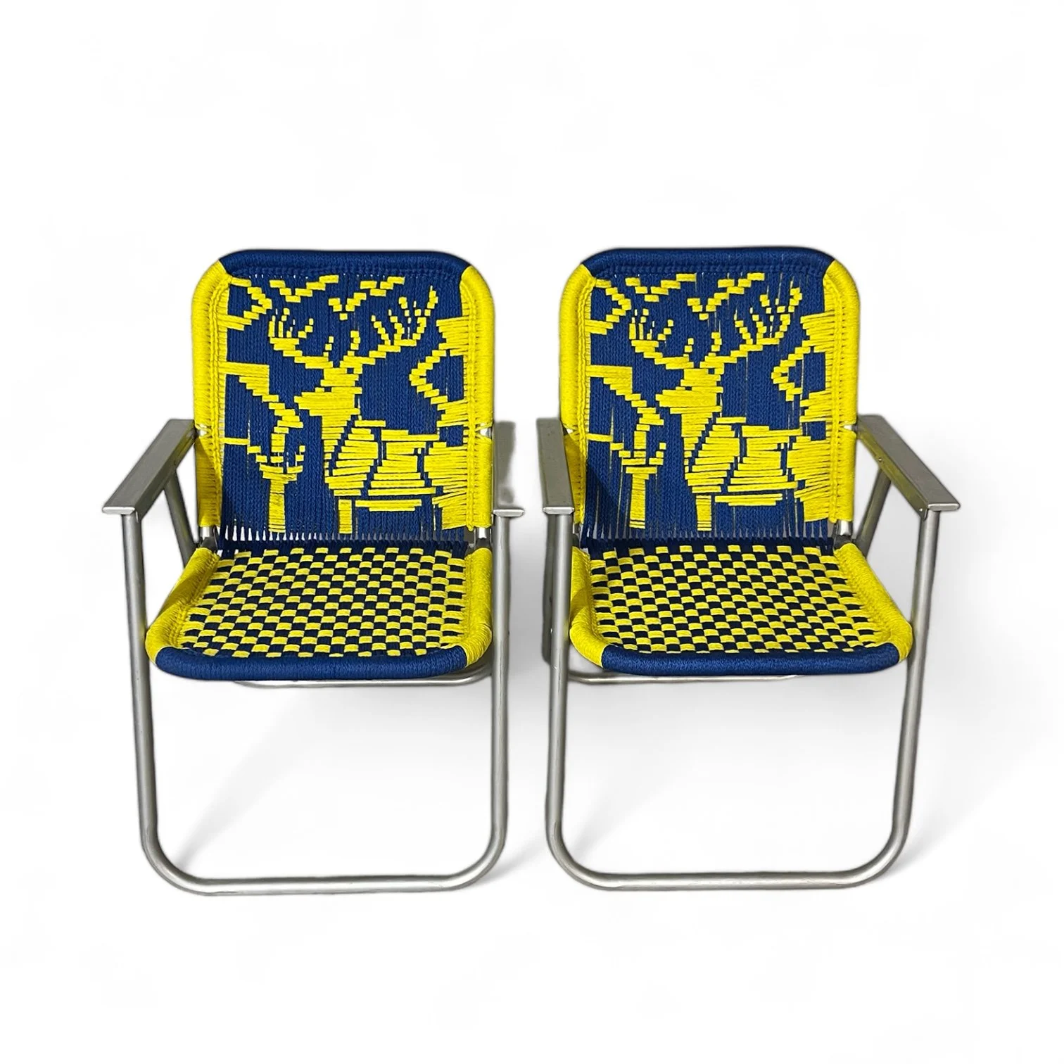 Vintage retro aluminum lawn chairs set of 2 with macrame seat and backrest in a bright yellow and blue deer pattern.