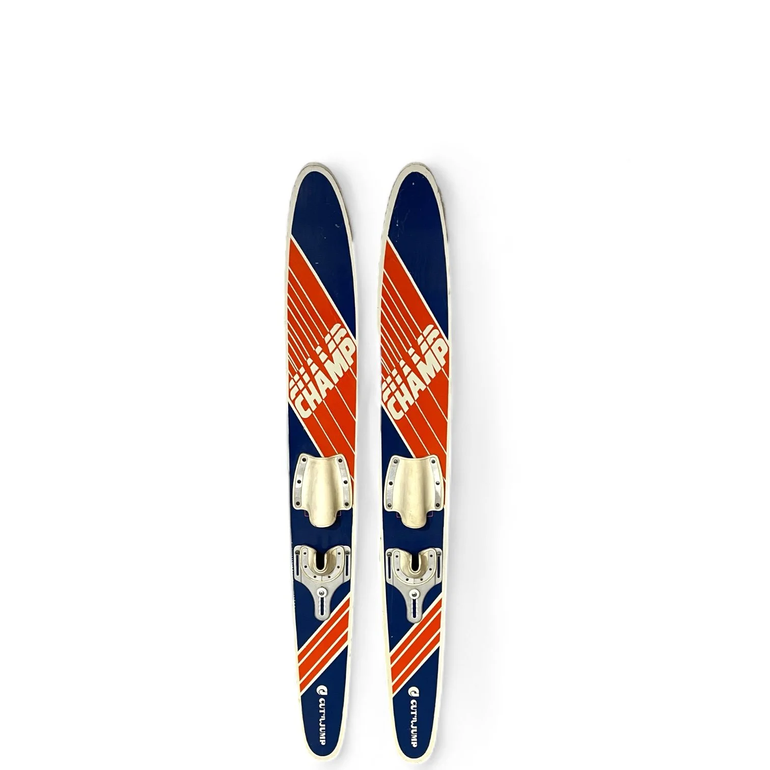 Pair of vintage wooden junior water, Champ Cut and Jump in blue, orange and white.