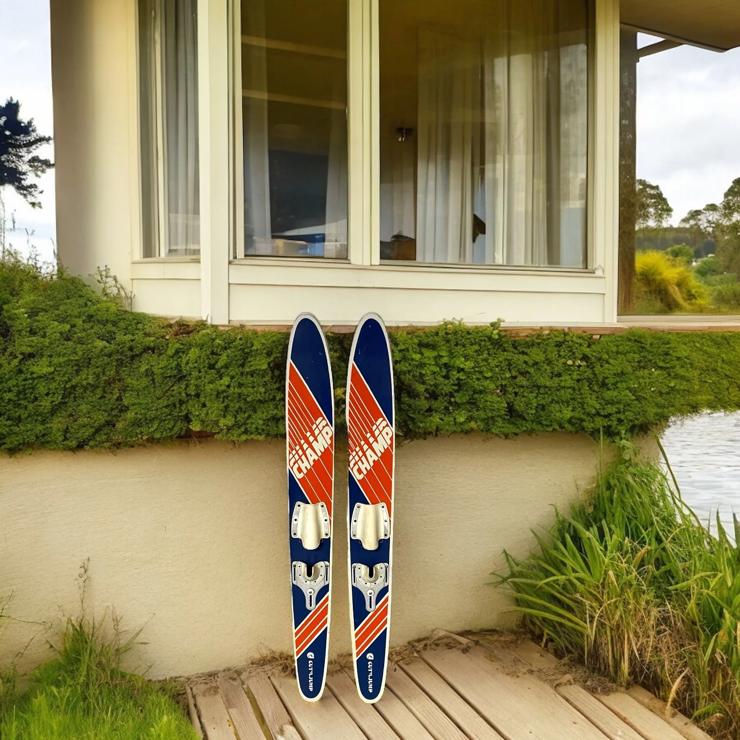Pair of vintage wooden junior water, Champ Cut and Jump in blue, orange and white leaning against a lake house.