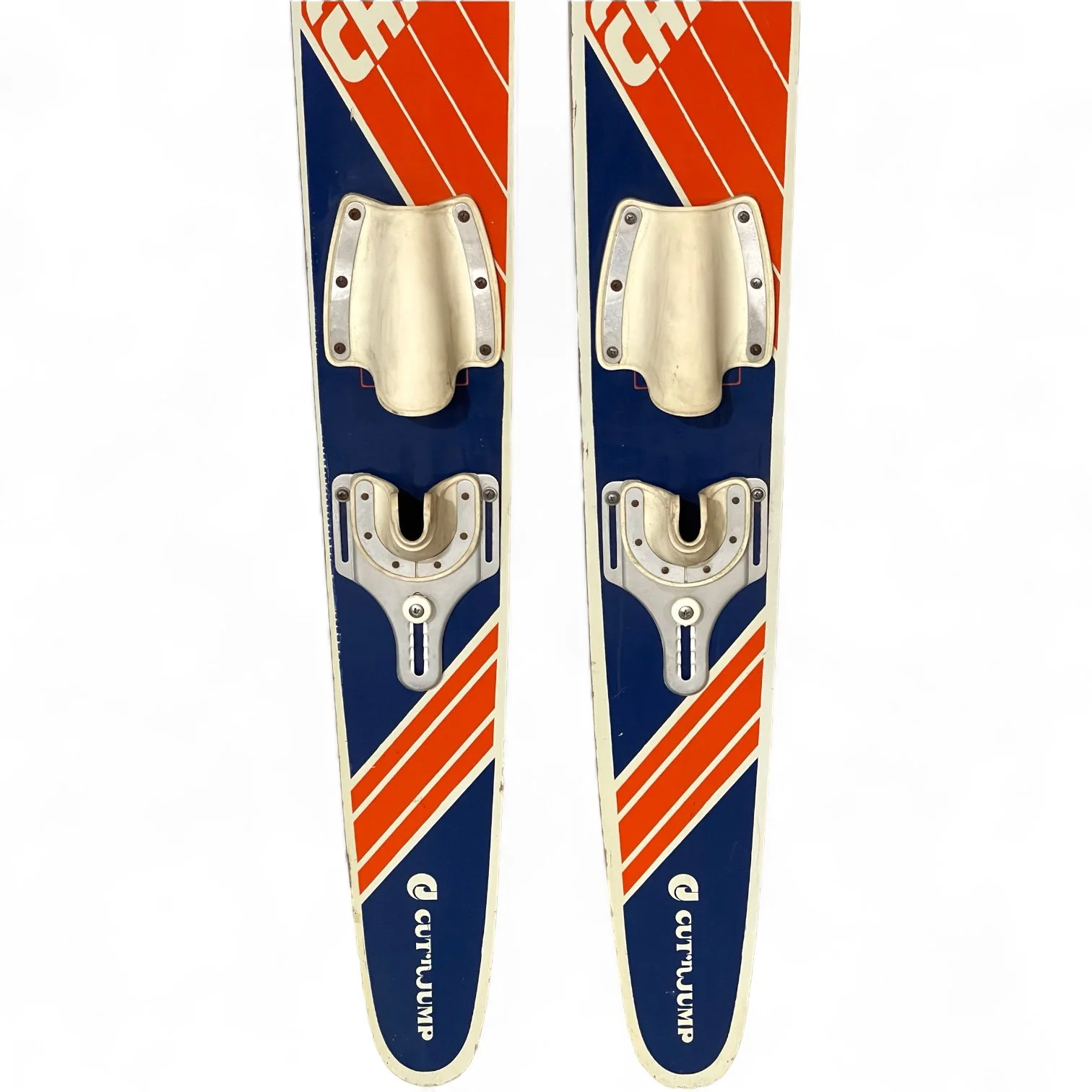 Pair of vintage wooden junior water, Champ Cut and Jump in blue, orange and white.