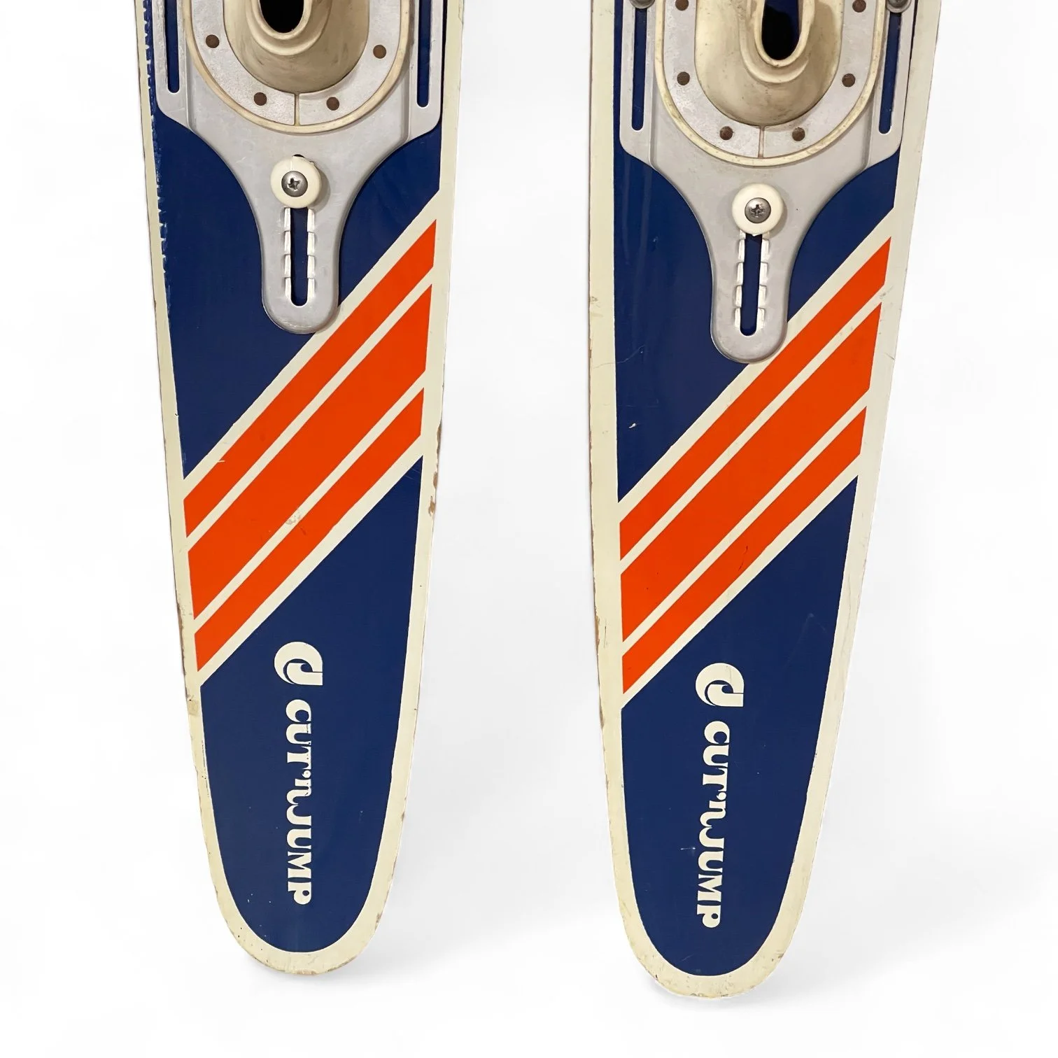 Pair of vintage wooden junior water, Champ Cut and Jump in blue, orange and white.