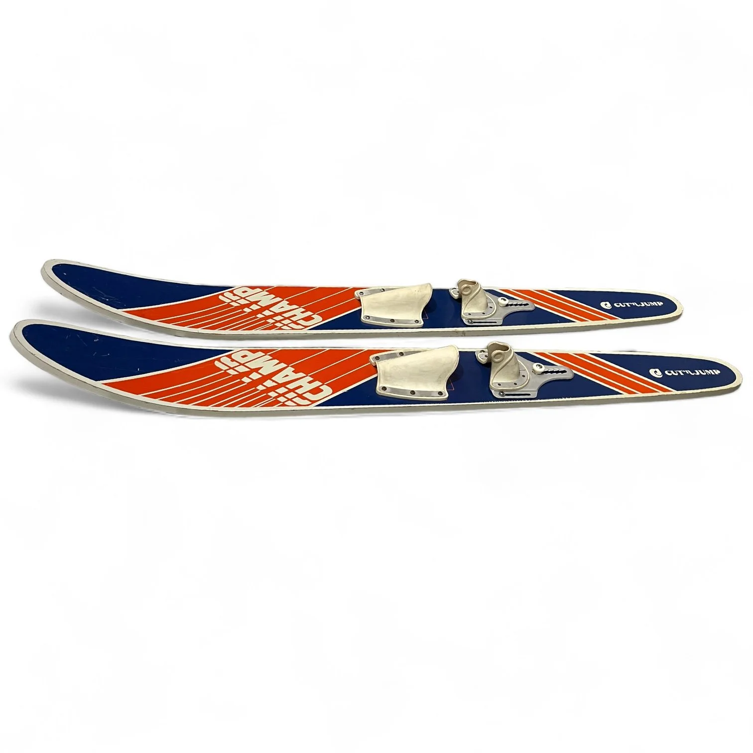 Pair of vintage wooden junior water, Champ Cut and Jump in blue, orange and white.