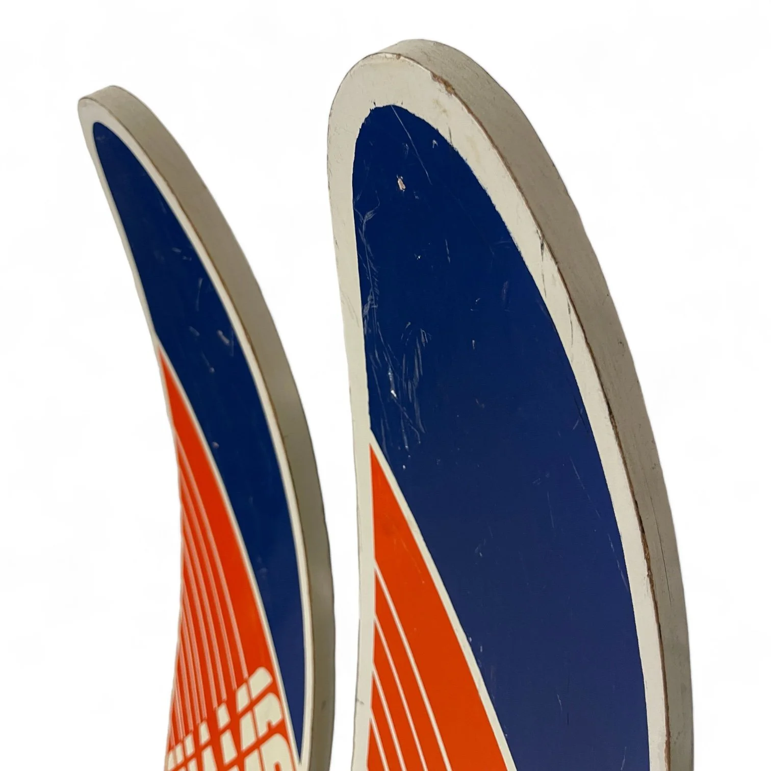 Pair of vintage wooden junior water, Champ Cut and Jump in blue, orange and white.