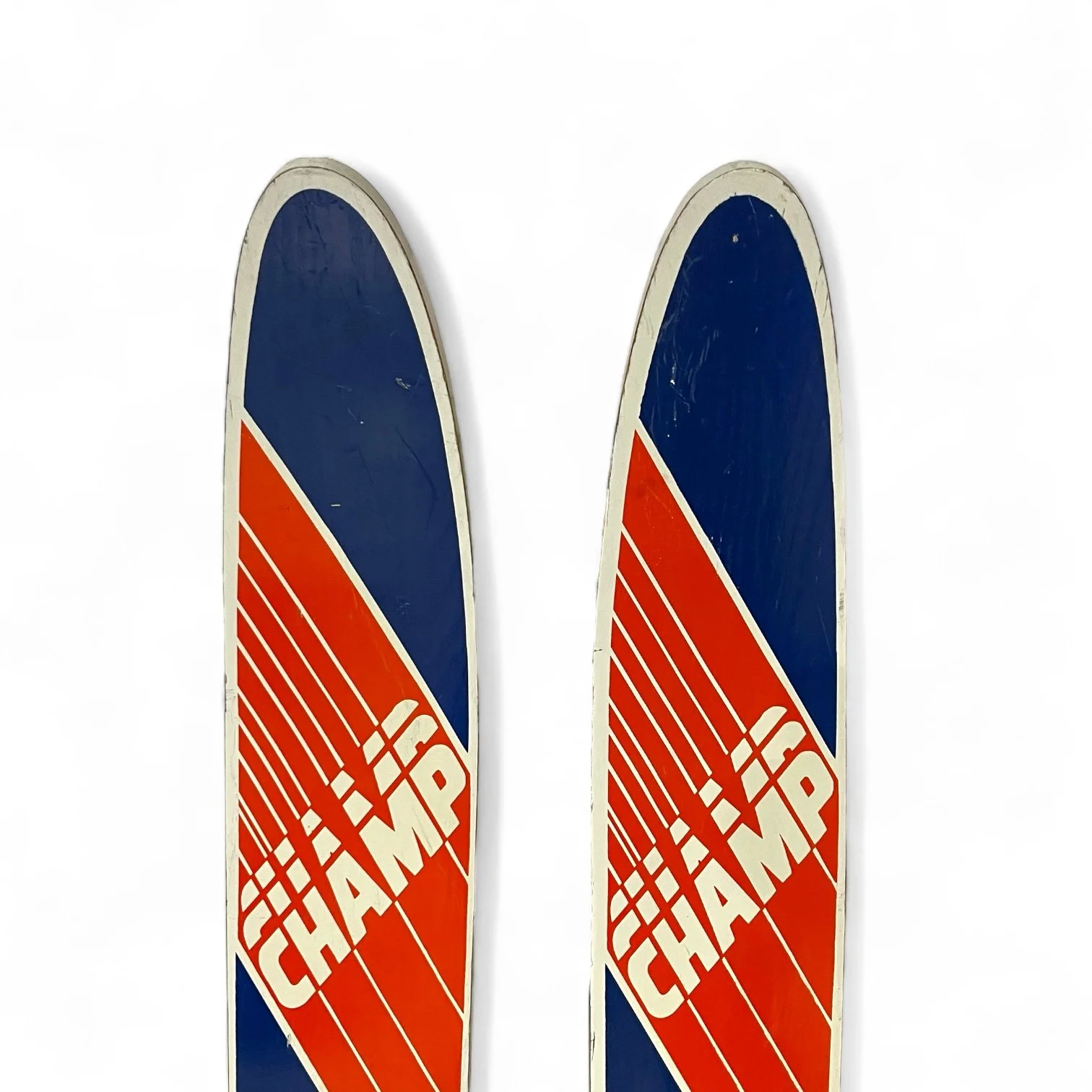 Pair of vintage wooden junior water, Champ Cut and Jump in blue, orange and white.