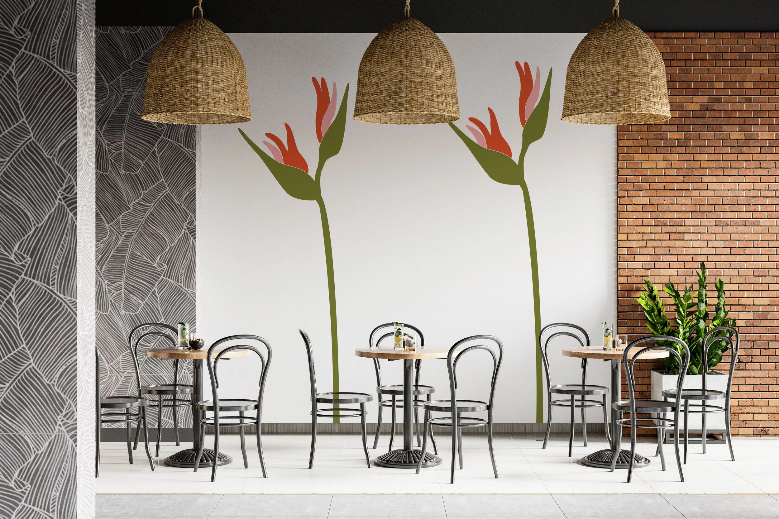 Oversized Bird of Paradise 3 color wall decal shown in olive, orange and carnation pink by Wall Star Graphics shown on a white wall of a modern cafe.