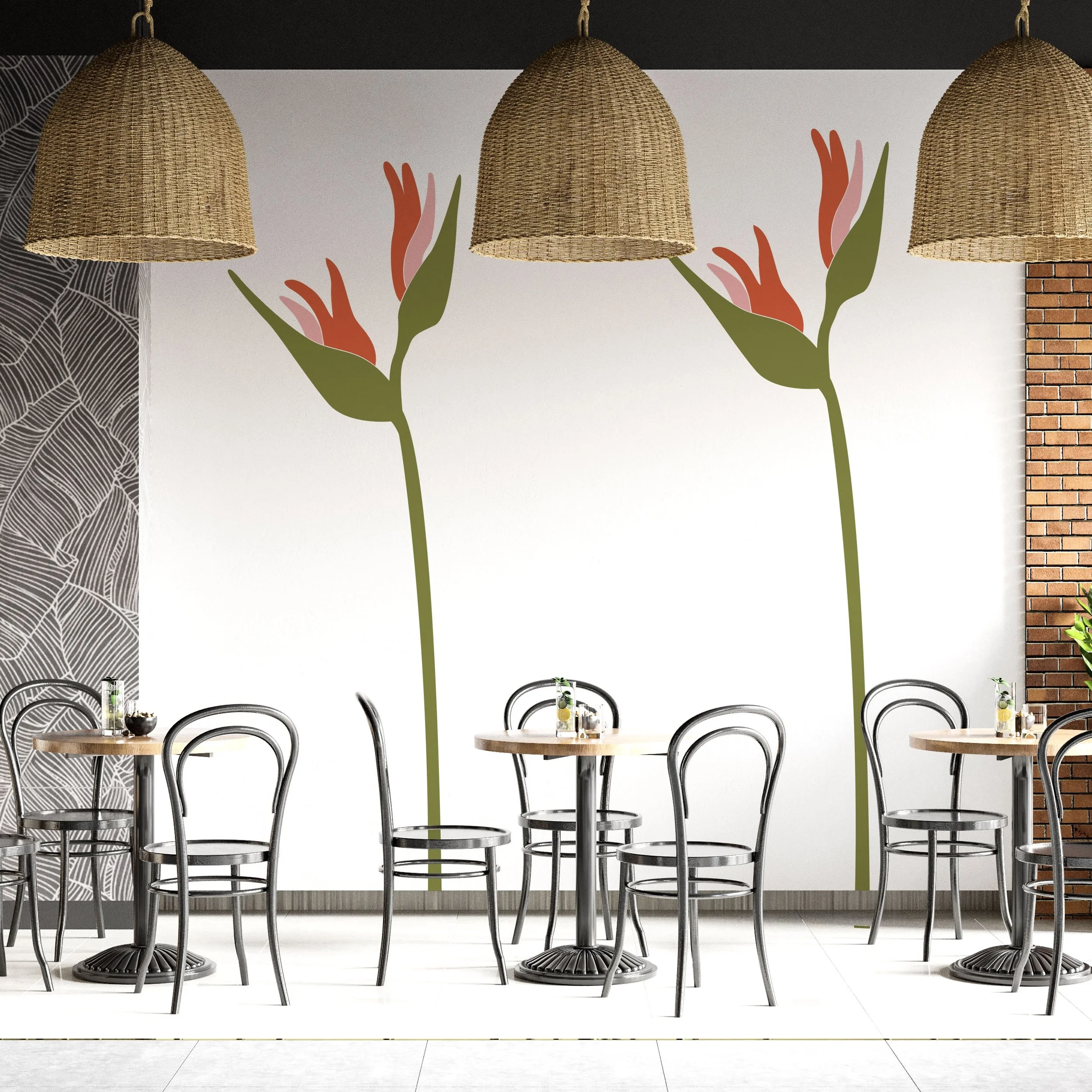 Oversized Bird of Paradise 3 color wall decal shown in olive, orange and carnation pink by Wall Star Graphics shown on a white wall of a modern cafe.