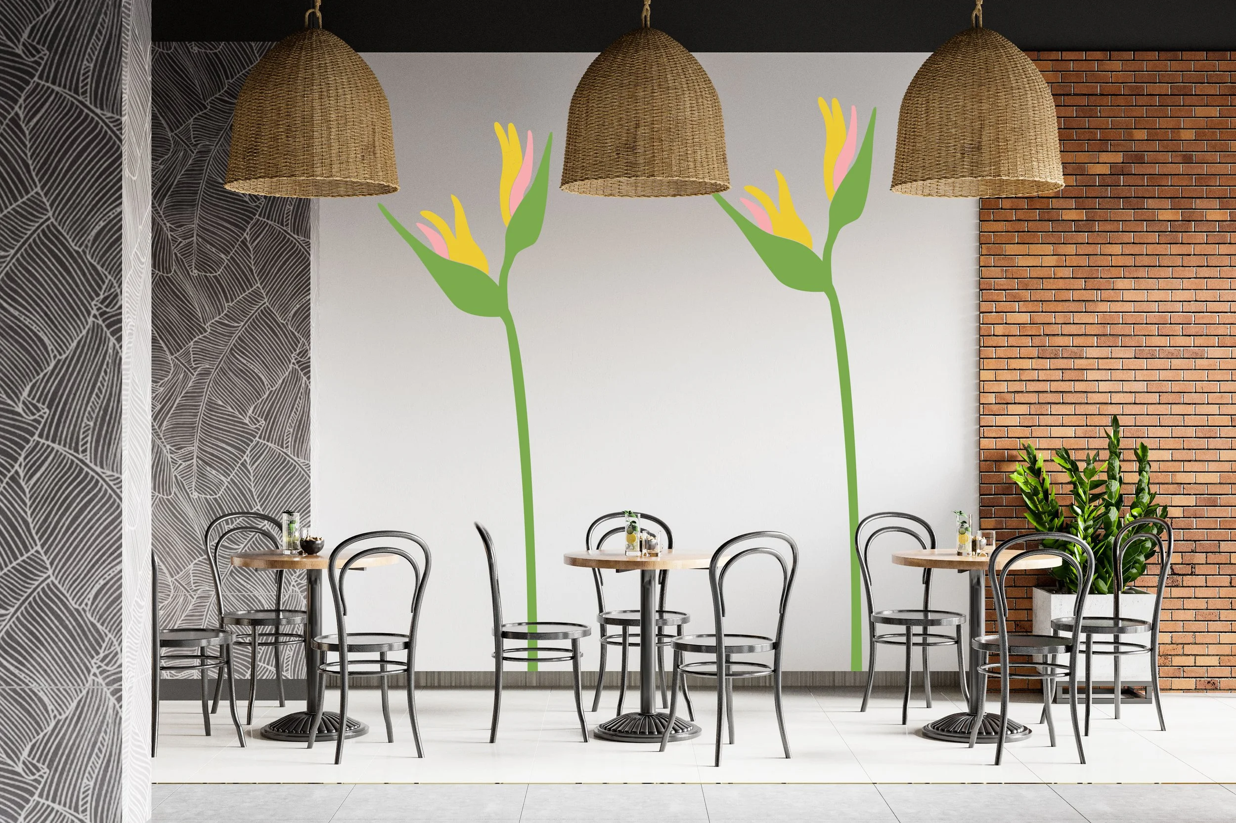 Oversized Bird of Paradise 3 color wall decal shown in lime green, yellow and carnation pink by Wall Star Graphics shown on a white wall of a modern cafe.