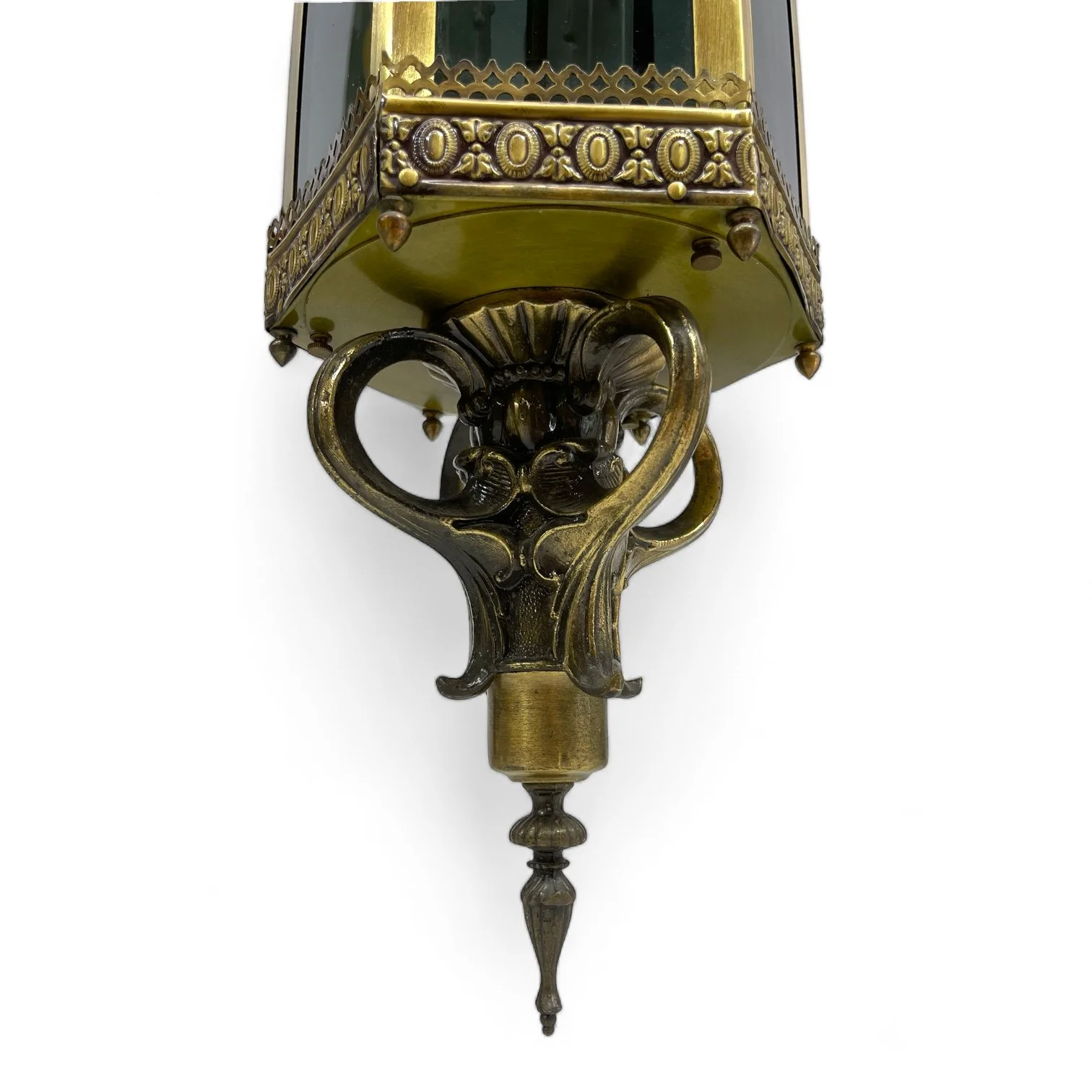 Vintage Spanish Revival gothic style hanging hardwired light with frosted candelabra style light bulbs.