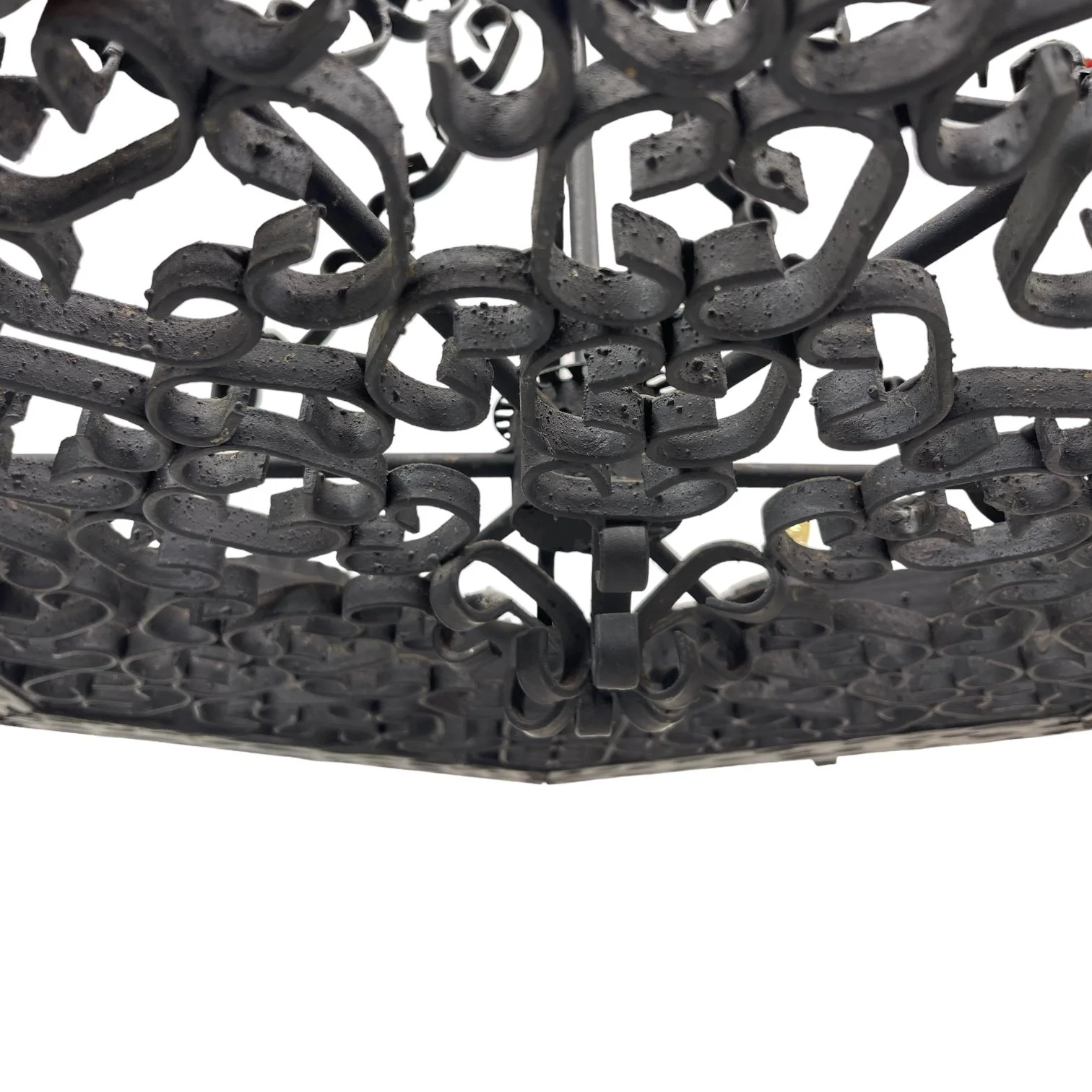 Vintage Gothic Spanish Revival 6 light chandelier hanging light with wrought iron and wood.