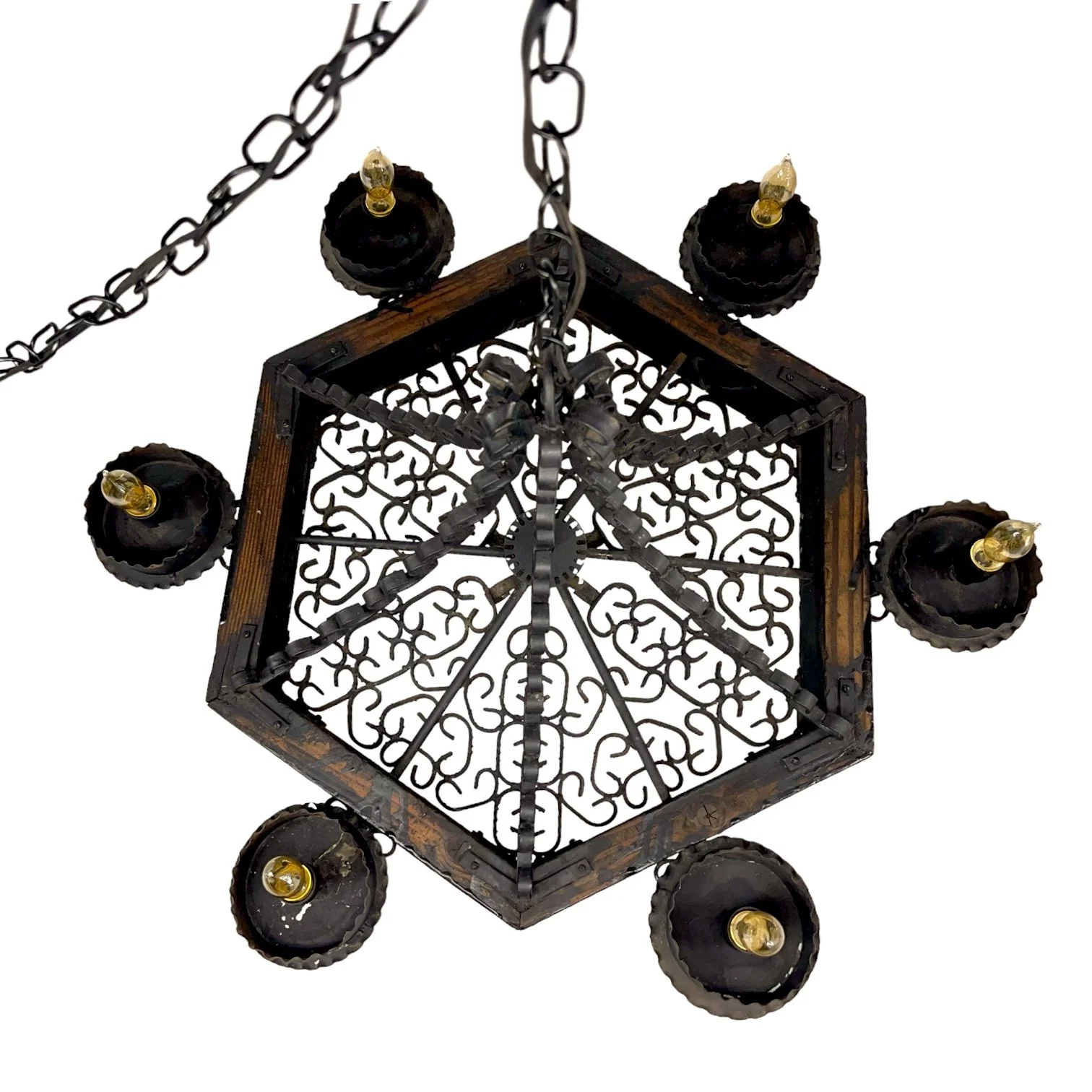 Vintage Gothic Spanish Revival 6 light chandelier hanging light with wrought iron and wood.