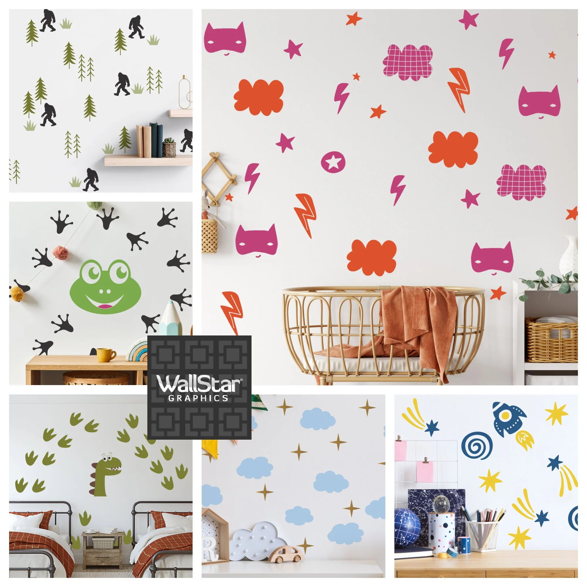Collage of wall decals for kids consisting of Big Foot, super hero themed, frog, dinosaurs, puffy clouds with stars, and rocket ship with shooting stars.