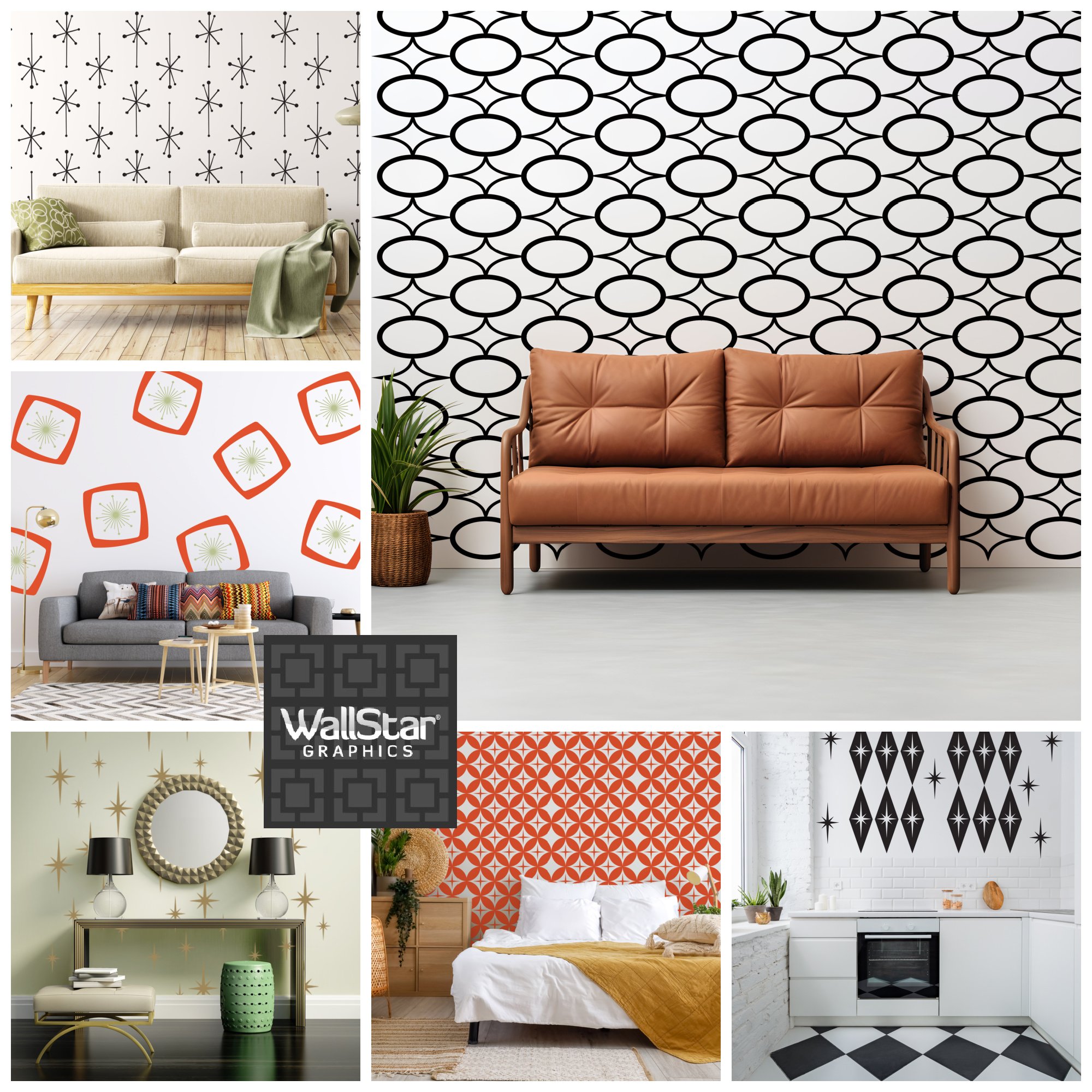 Collage of mid century inspired wall decals consisting of colorful atomic starburst designs by Wall Star Graphics.