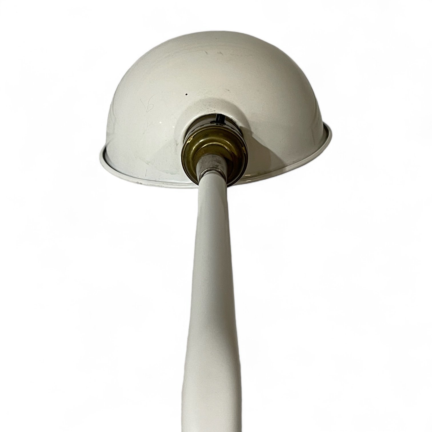Vintage white metal mid century fully articulating shade pharmacy floor lamp with round base.
