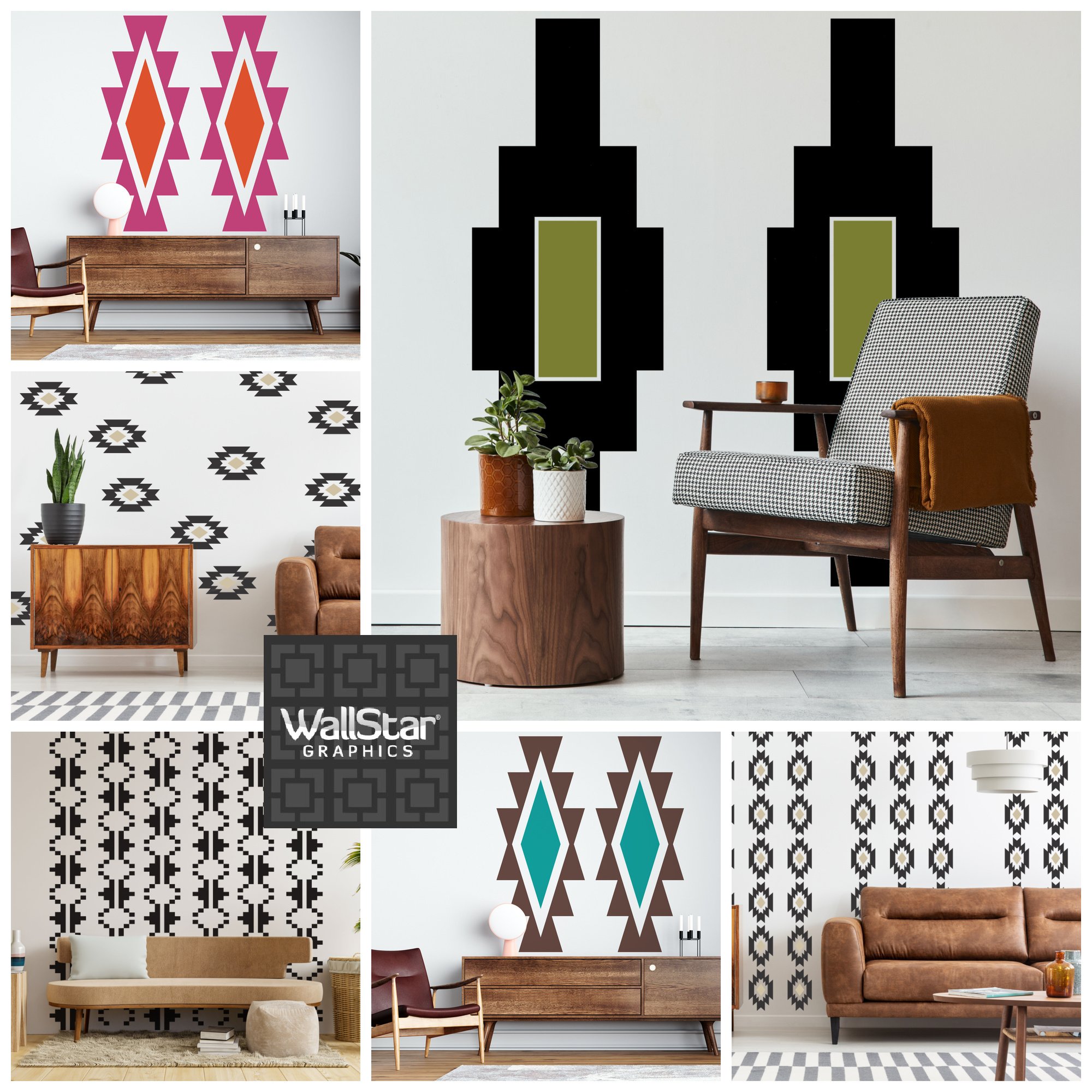 A collection of southwestern inspired wall decals consisting of geometric patterns installed on white walls of modern living rooms.