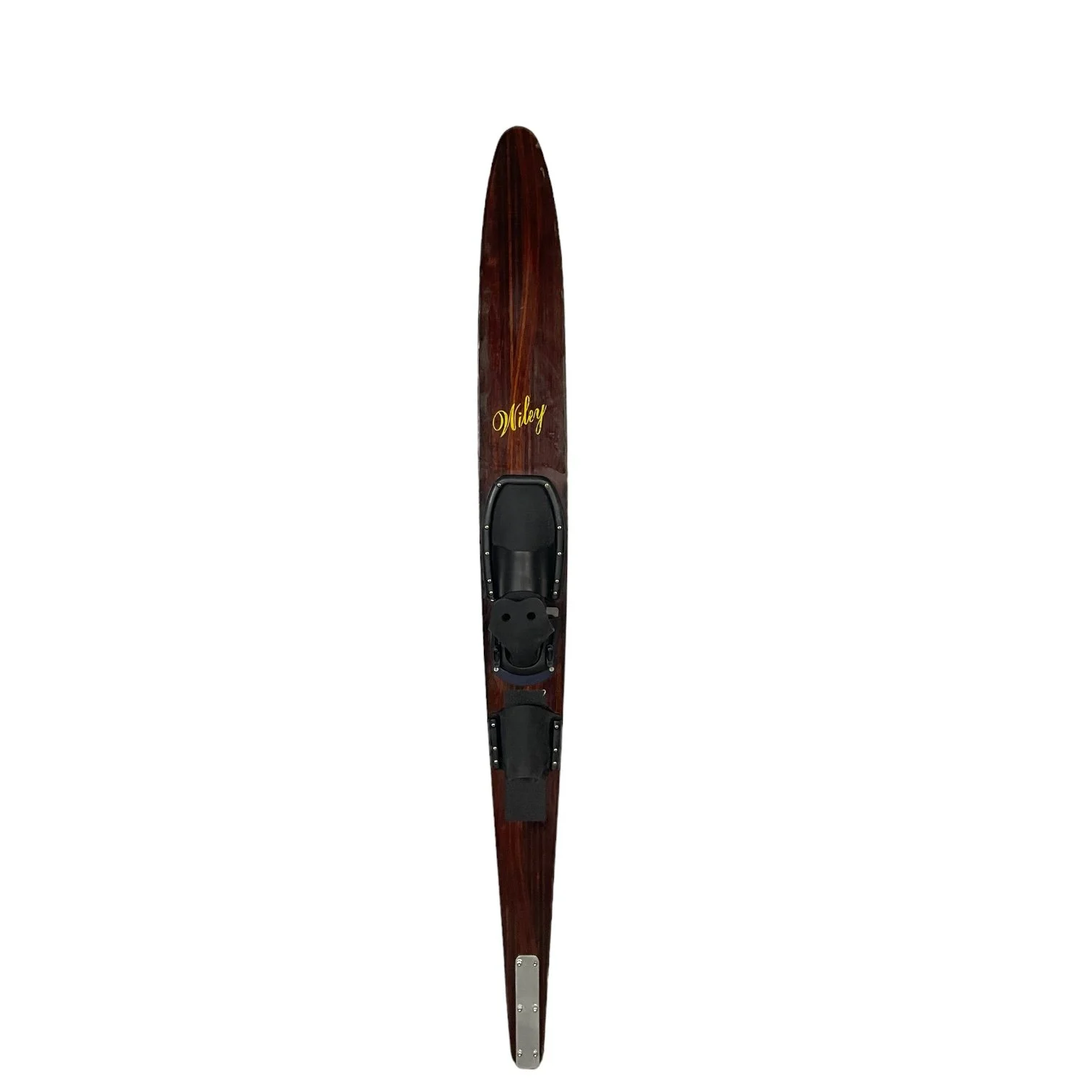 Vintage wooden slalom water ski in dark brown stained wood with original black rubber bindings with &quot;Wiley&quot; in a cursive gold font on front.