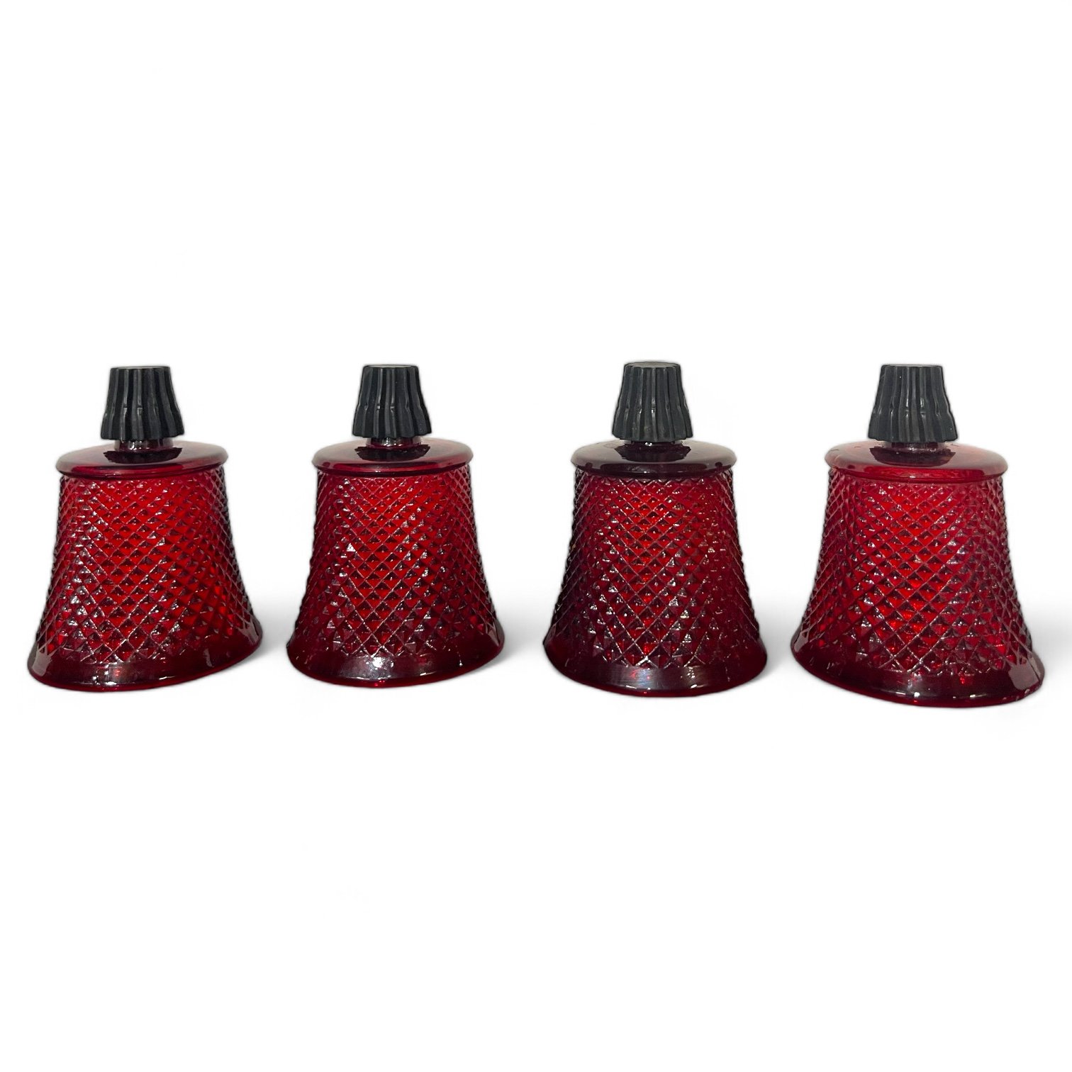 Vintage pair of CM brass wall mount candle holders with 4 cranberry red beveled glass holders.