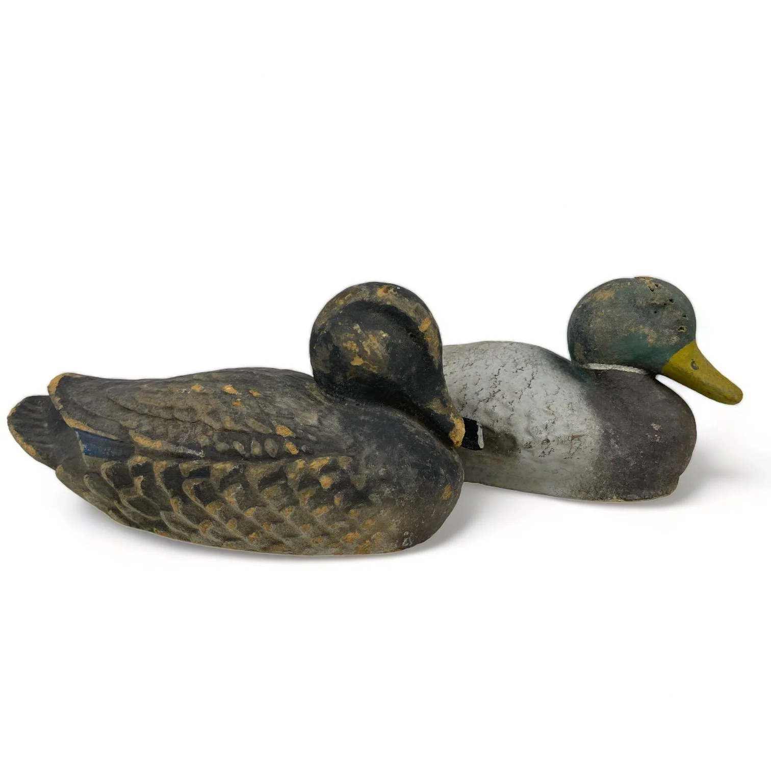 Vintage pair of paper machete fiber duck decoys. Set of two Mallard duck decoys by Carry Lite, JC Higgins.