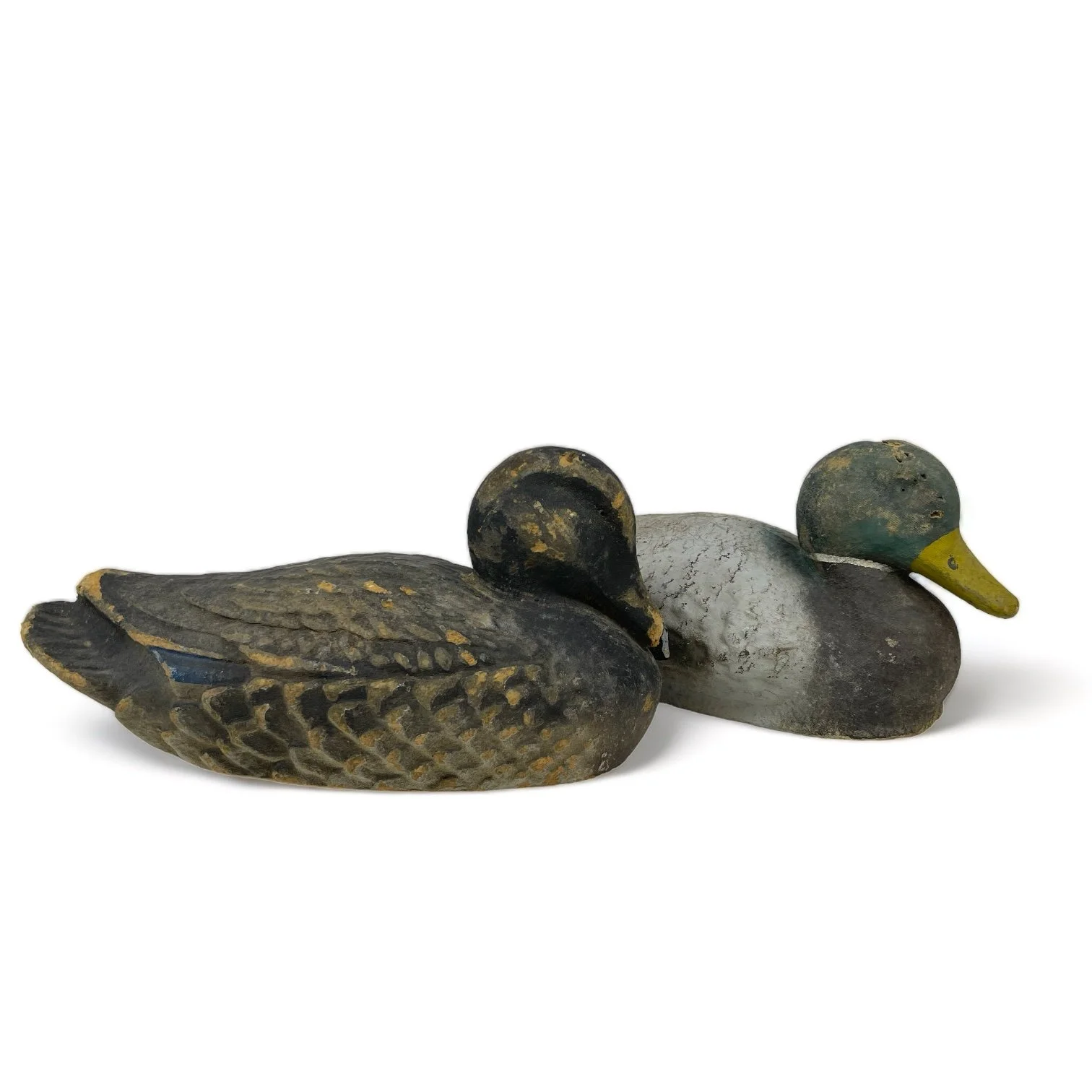 Vintage pair of paper machete fiber duck decoys. Set of two Mallard duck decoys by Carry Lite, JC Higgins.