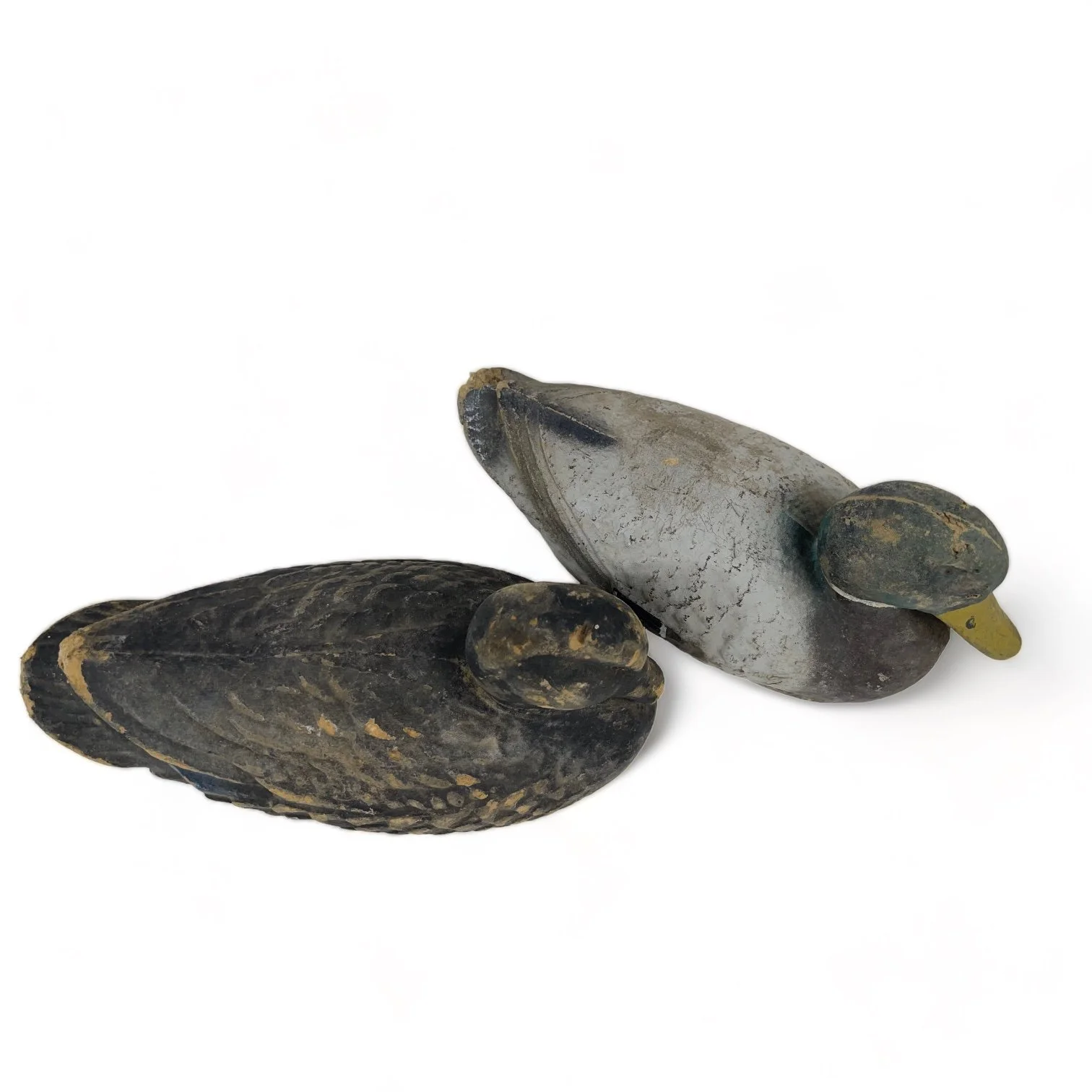 Vintage pair of paper machete fiber duck decoys. Set of two Mallard duck decoys by Carry Lite, JC Higgins.