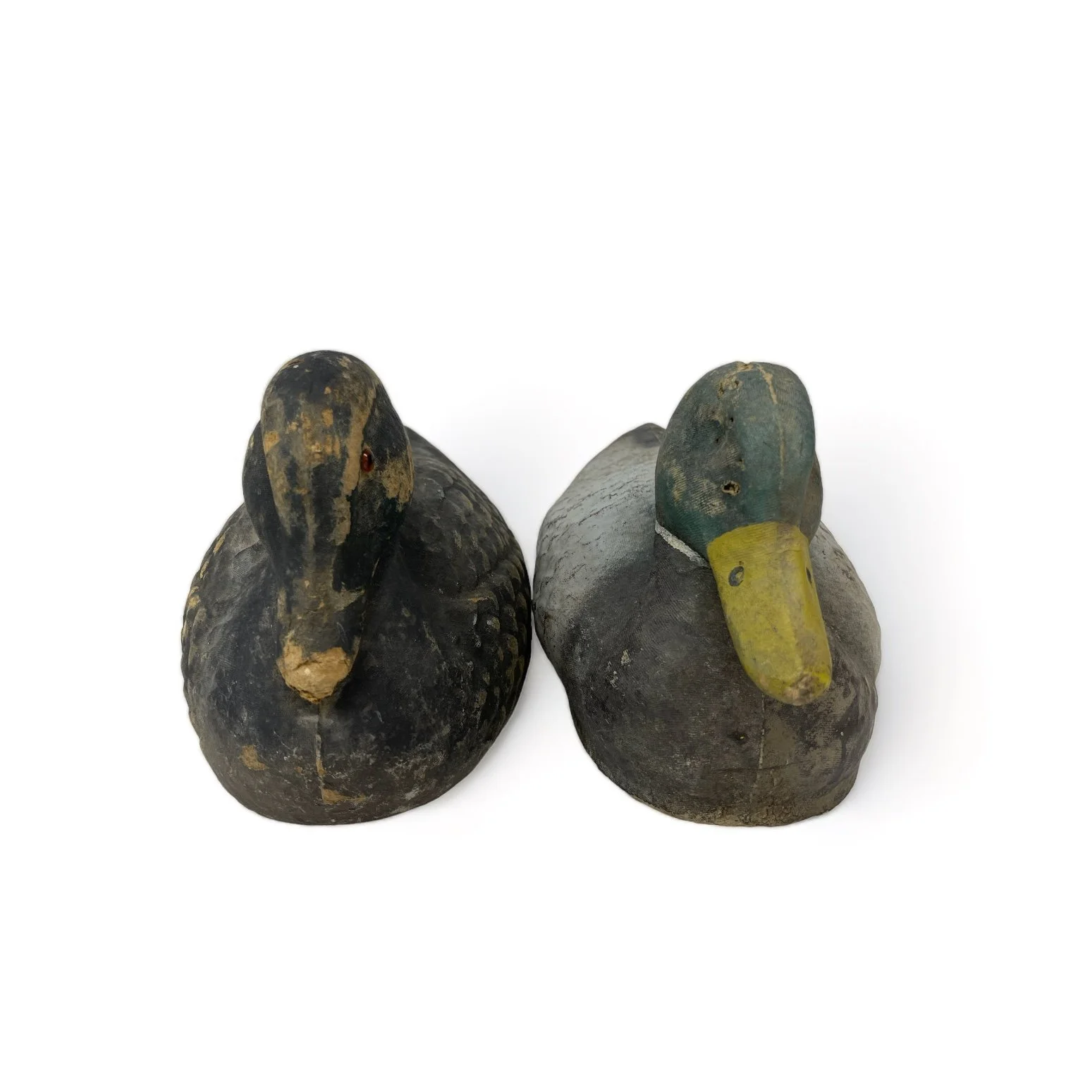 Vintage pair of paper machete fiber duck decoys. Set of two Mallard duck decoys by Carry Lite, JC Higgins.