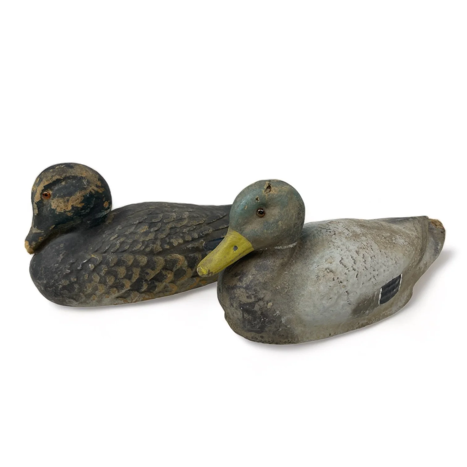 Vintage pair of paper machete fiber duck decoys. Set of two Mallard duck decoys by Carry Lite, JC Higgins.