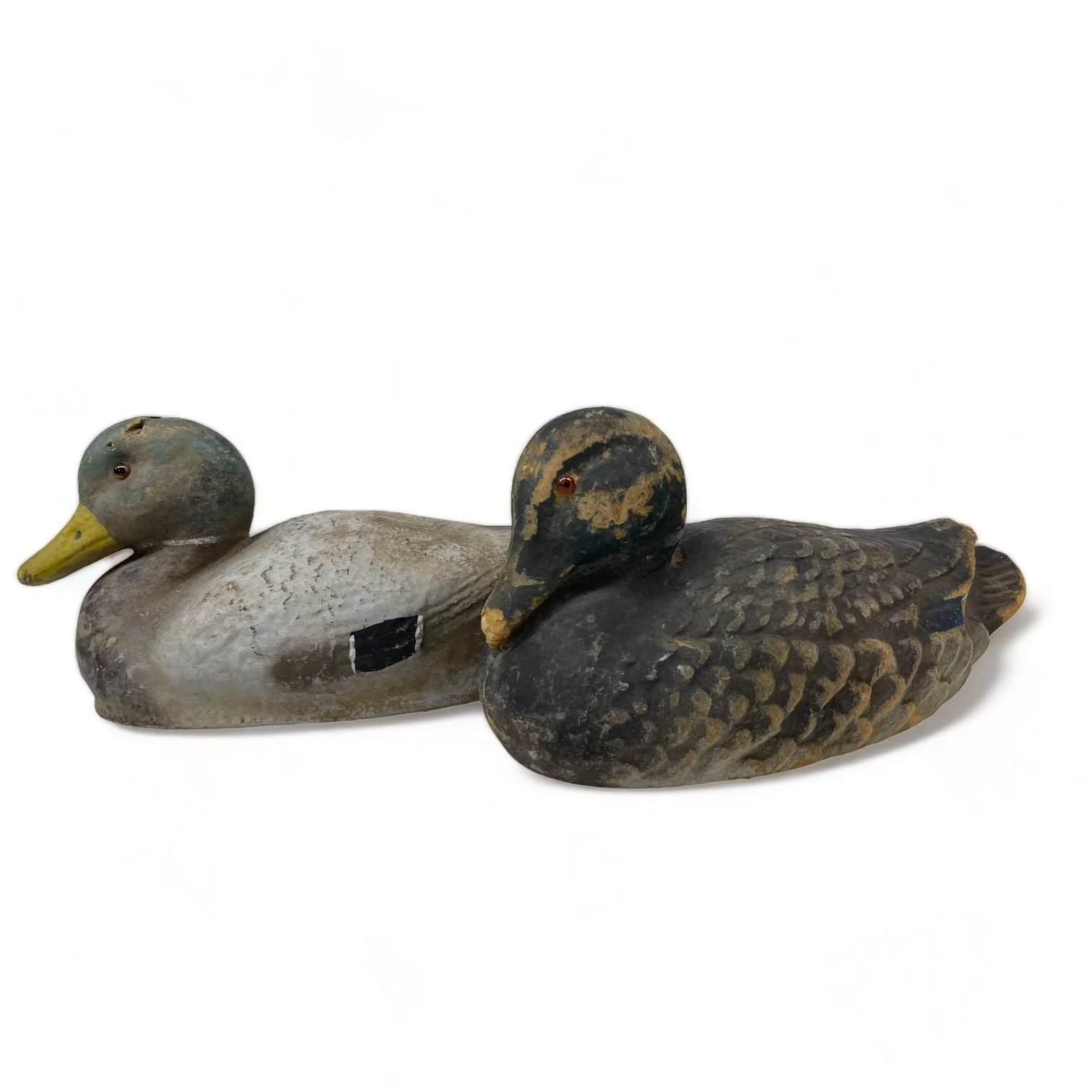 Vintage pair of paper machete fiber duck decoys. Set of two Mallard duck decoys by Carry Lite, JC Higgins.