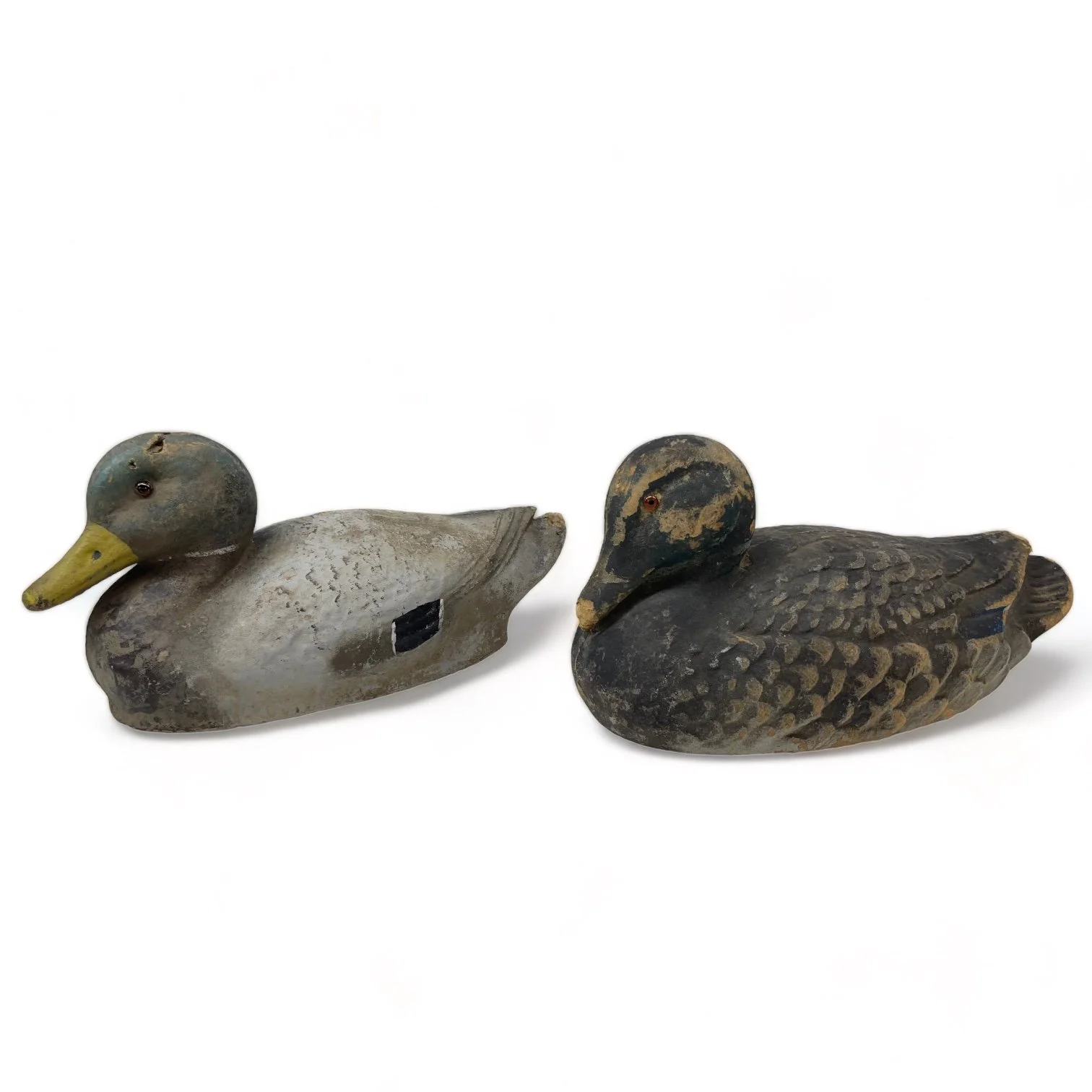 Vintage pair of paper machete fiber duck decoys. Set of two Mallard duck decoys by Carry Lite, JC Higgins.